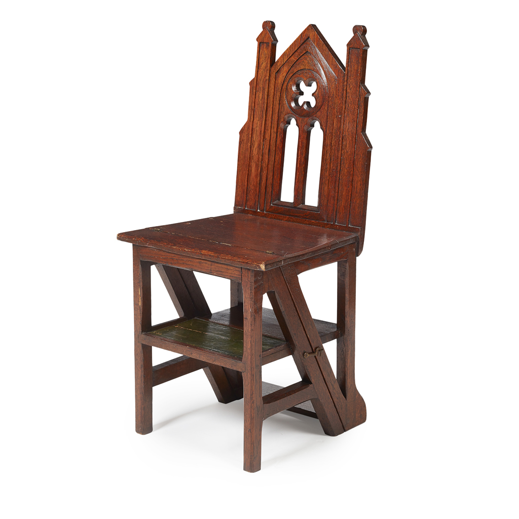 SET OF VICTORIAN GOTHIC REVIVAL OAK METAMORPHIC LIBRARY STEPS