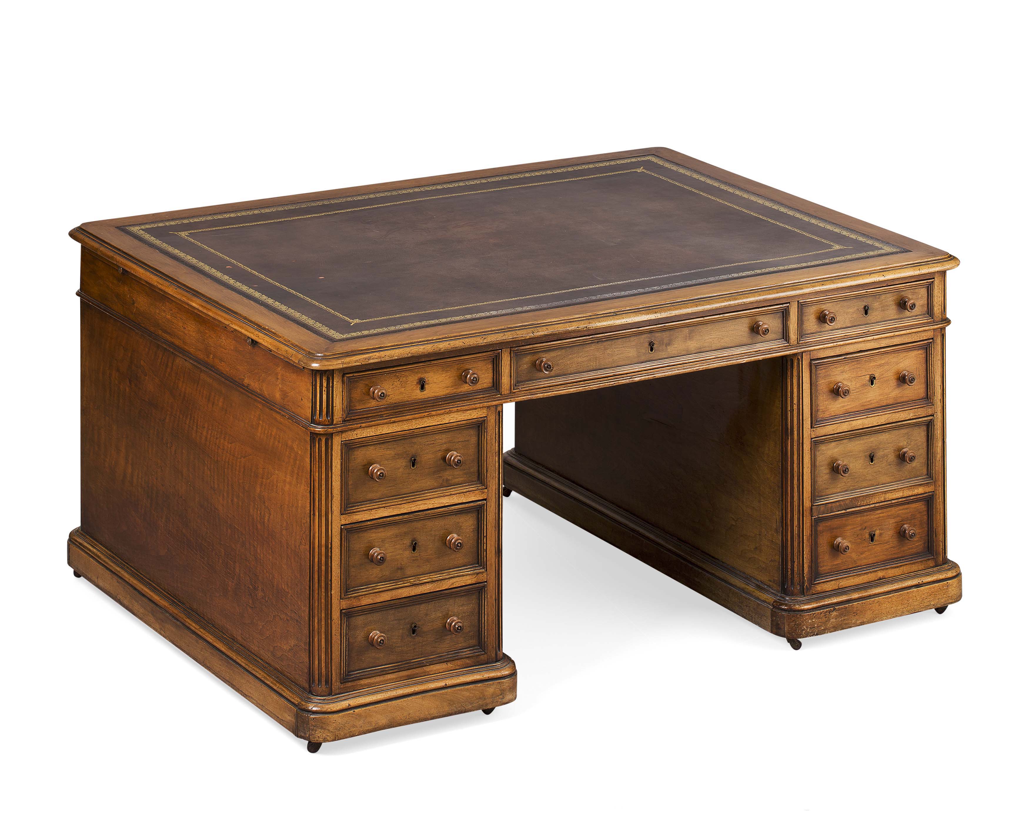 VICTORIAN WALNUT LEATHER INSET PARTNER'S DESK