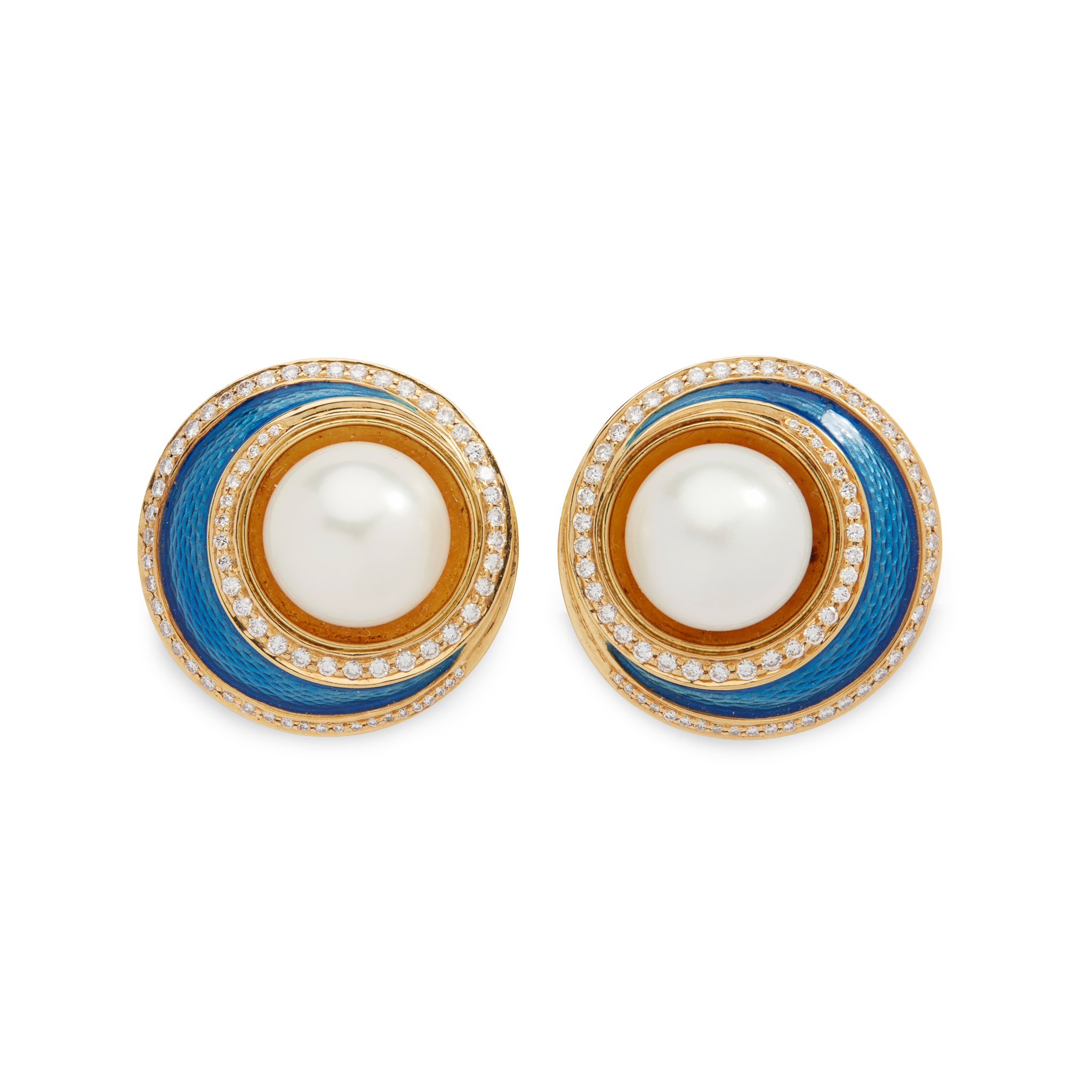 A pair of South Sea pearl, diamond and enamel earrings, by Leo de Vroomen