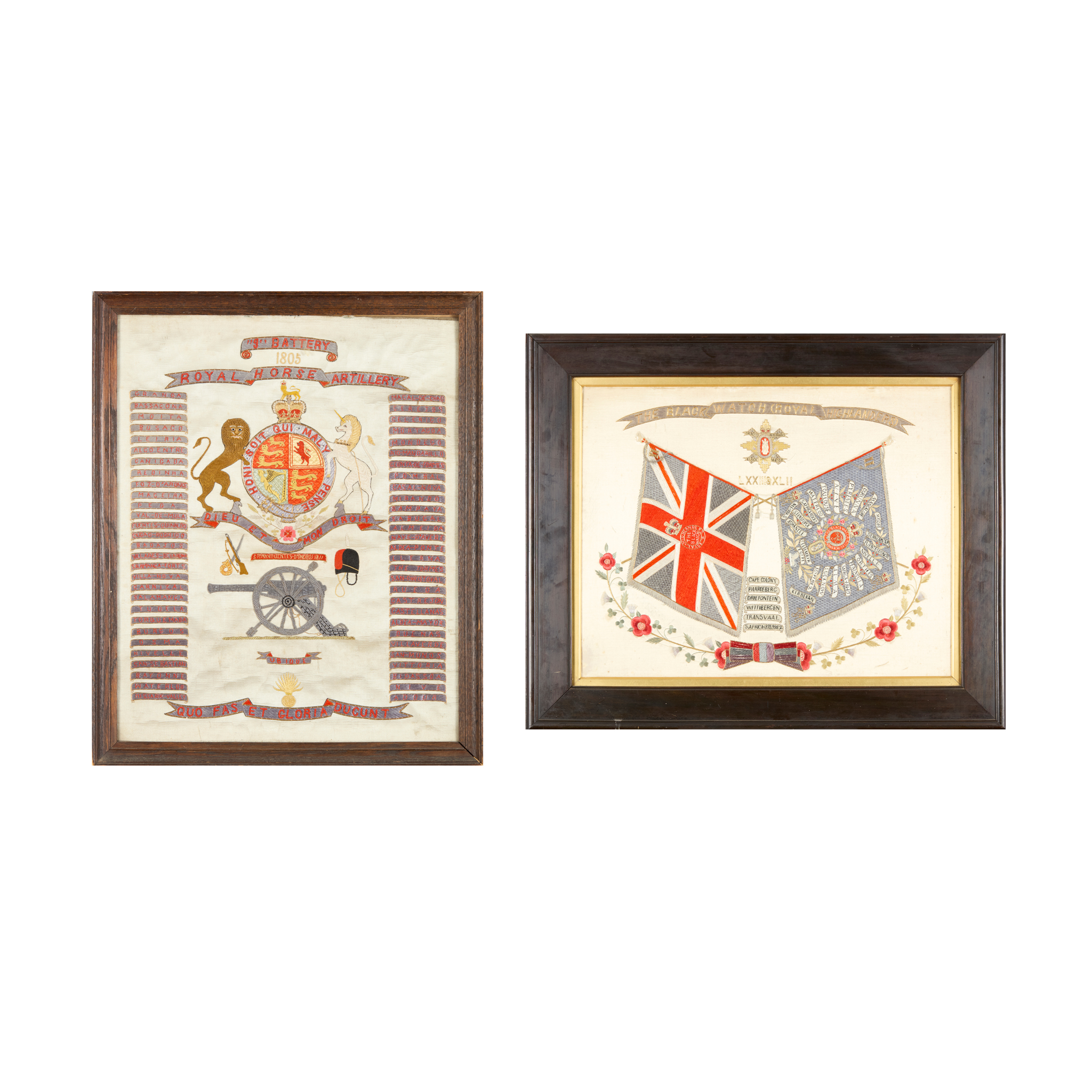 TWO COMMEMORATIVE EMBROIDERED NEEDLEWORK PANELS OF REGIMENTAL INTEREST