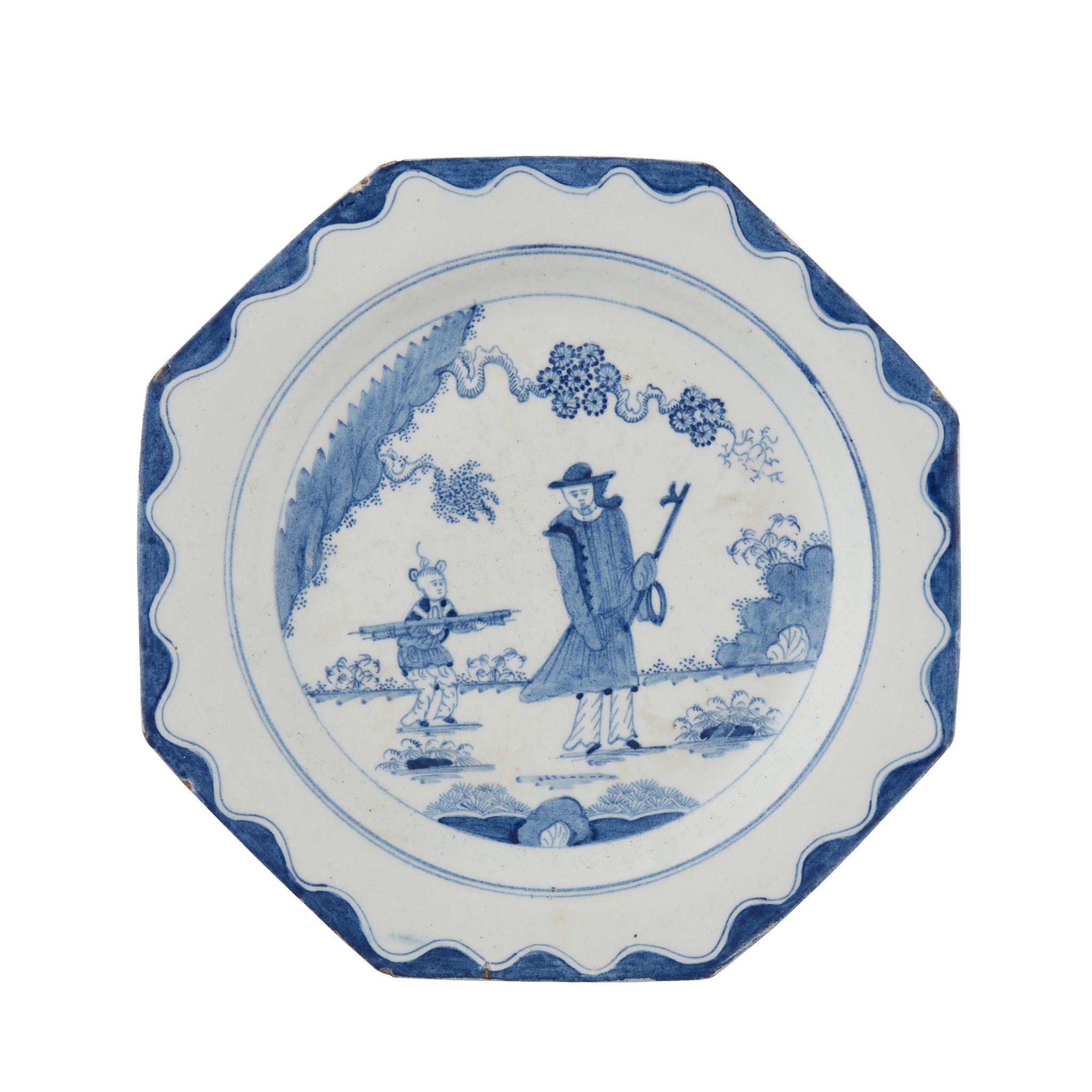 BOW OCTAGONAL GOLFER AND CADDY PATTERN BLUE PAINTED PLATE