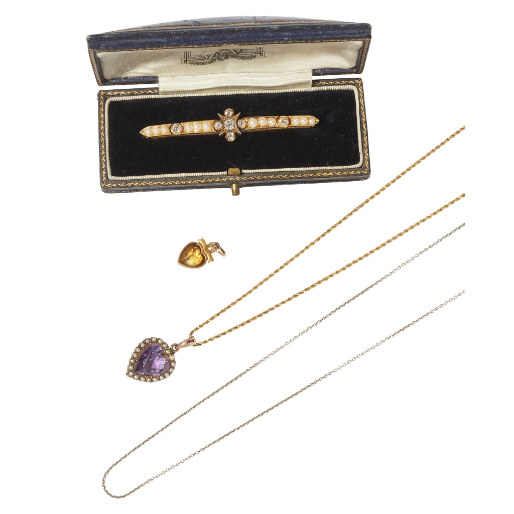 A Victorian seed pearl and diamond set bar brooch