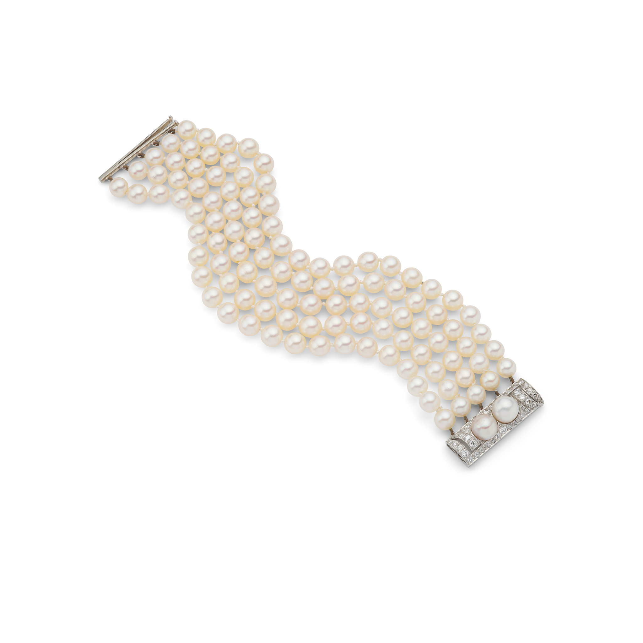 A cultured pearl and diamond multi-strand bracelet, mid 20th century