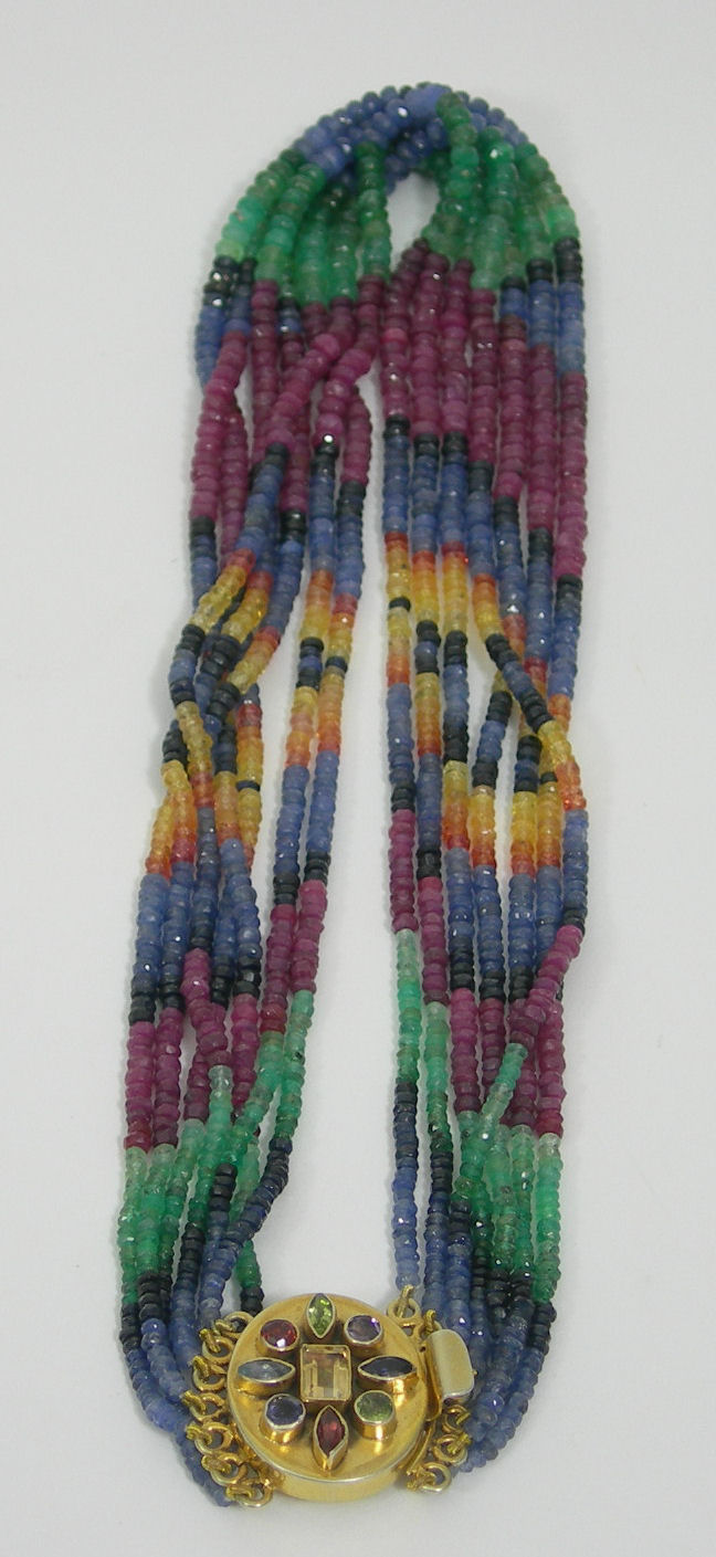 A multi-gem bead necklace,