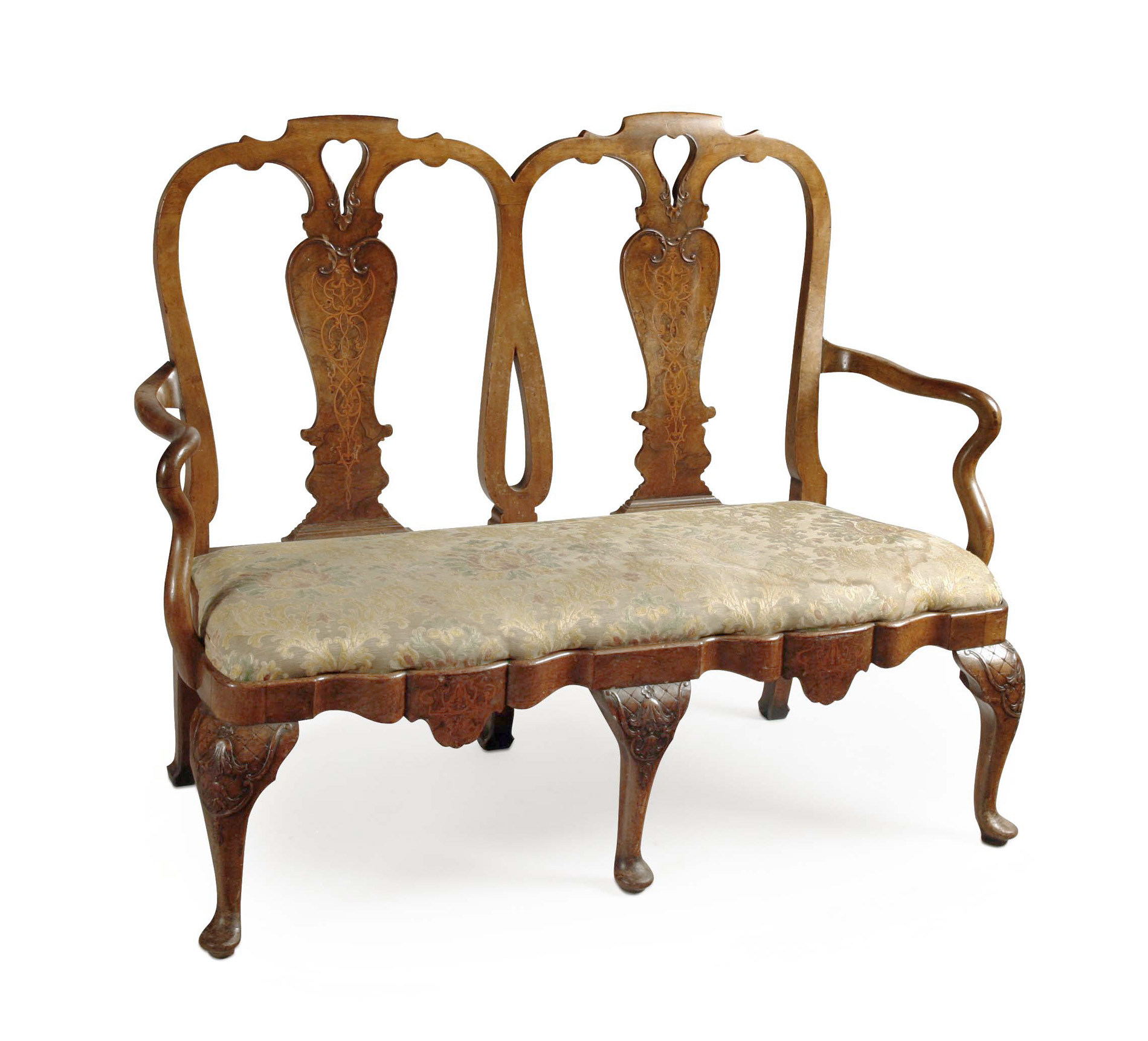 QUEEN ANNE STYLE INLAID WALNUT TWO SEATER OPEN SOFA