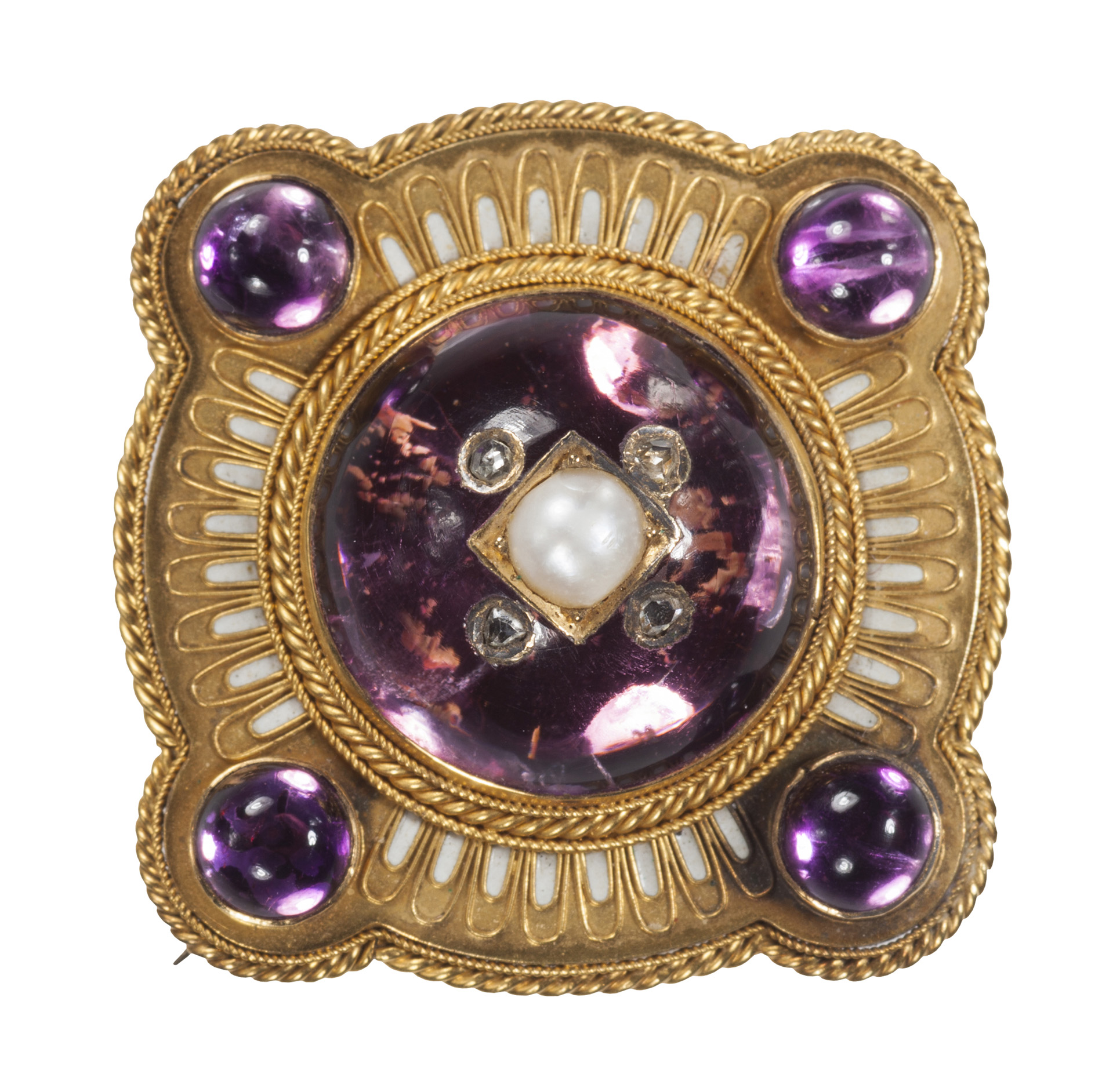 A Victorian gold amethyst, pearl and diamond brooch
