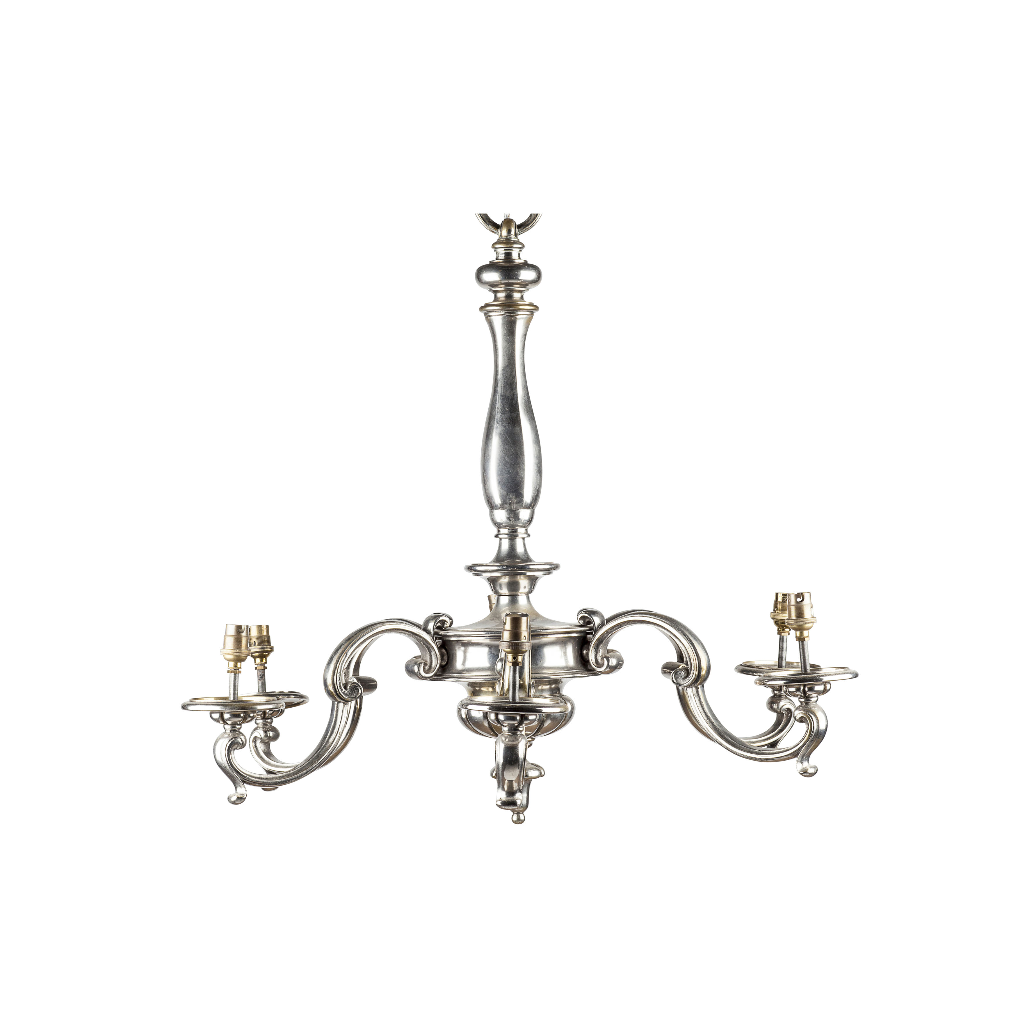 SILVERED BRASS SIX BRANCH CHANDELIER