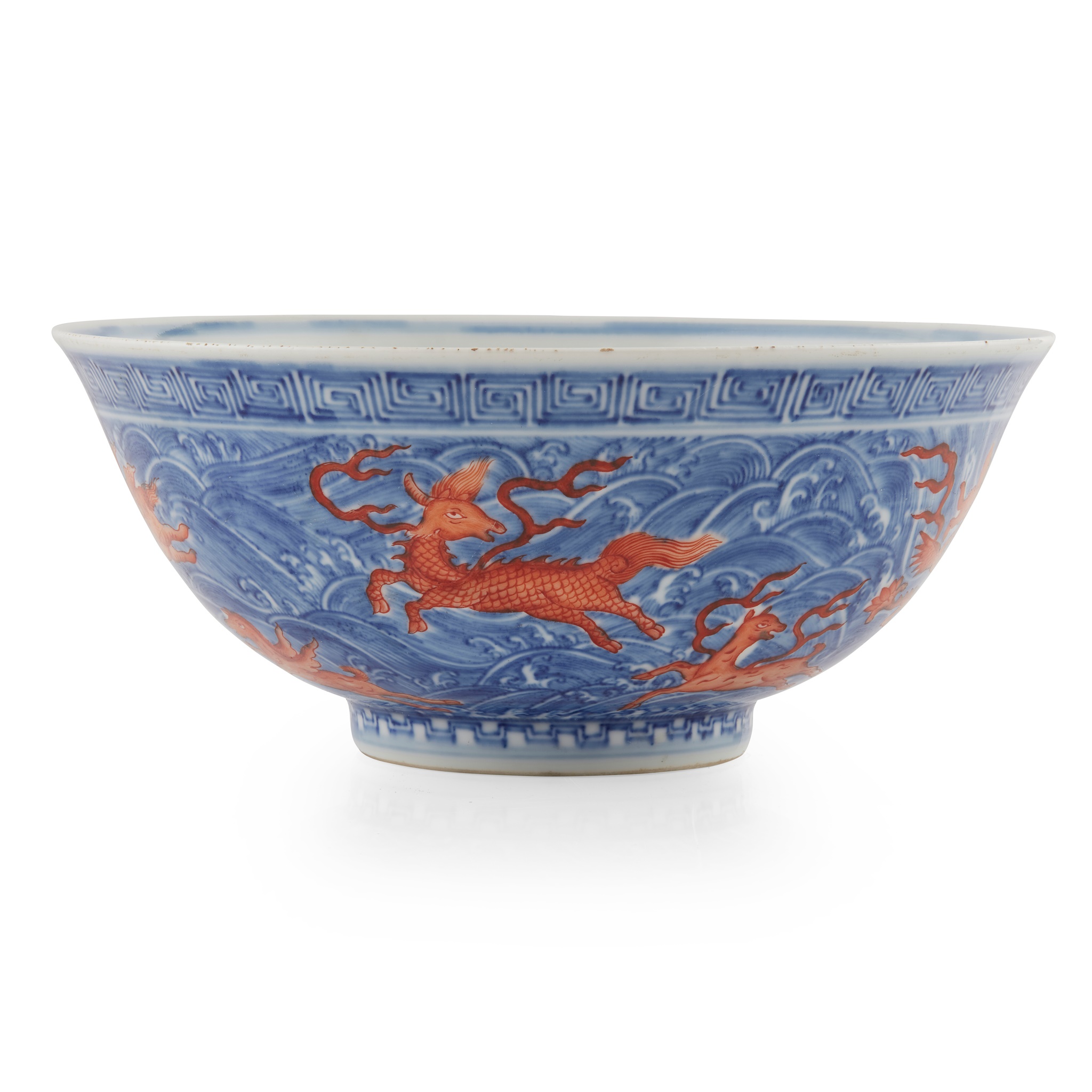 BLUE AND WHITE WITH IRON-RED 'SEA CREATURES' BOWL