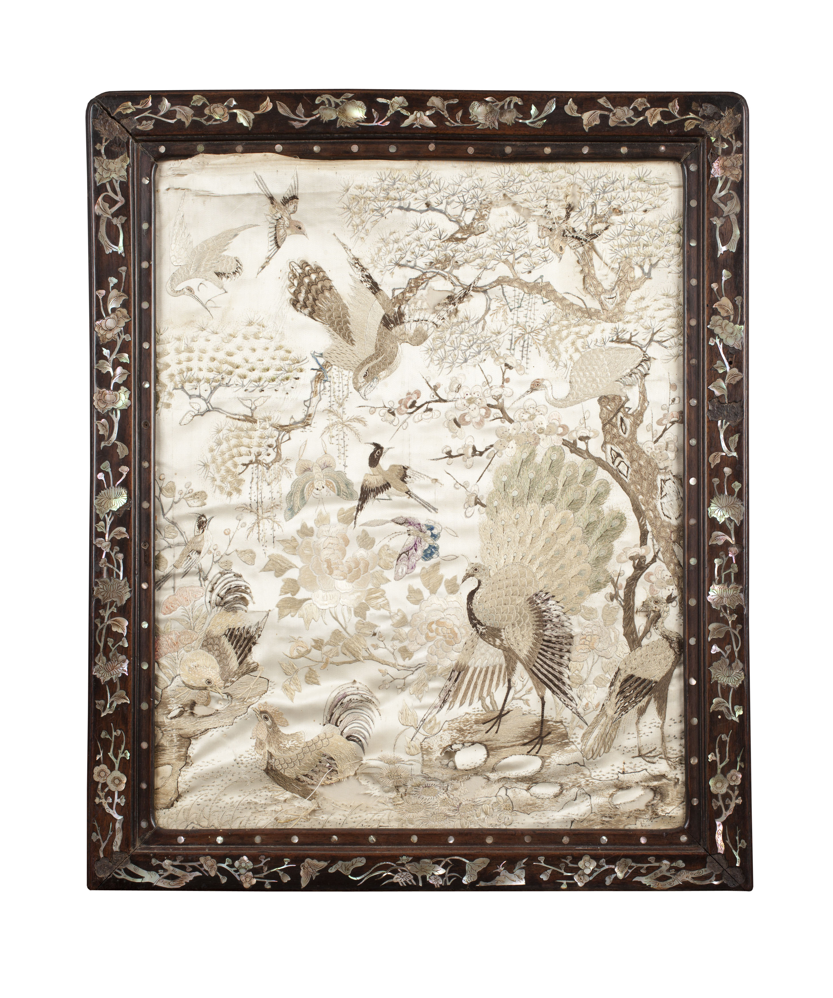 CHINESE SILK EMBROIDERED PANEL AND INLAID FRAME