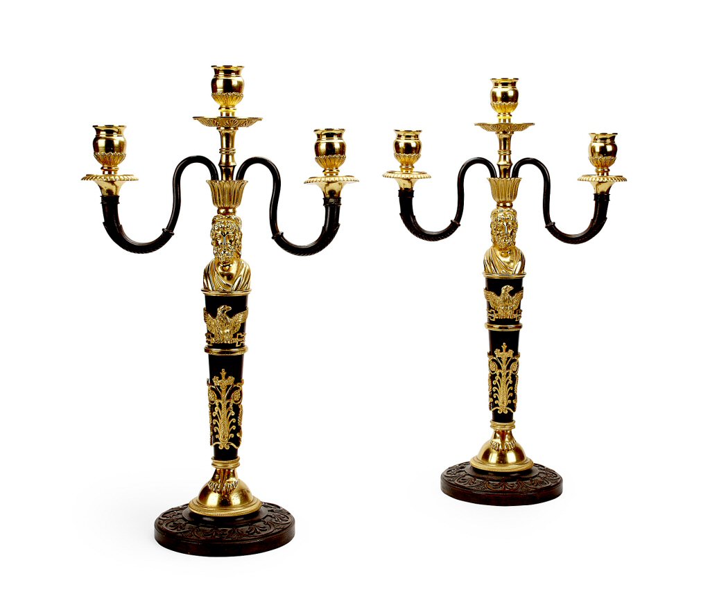 PAIR OF EMPIRE STYLE GILT AND PATINATED BRONZE CANDELABRA