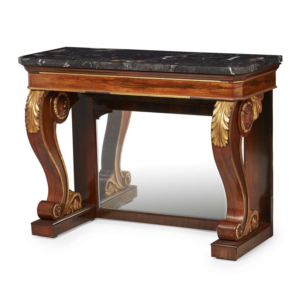 GEORGE IV ROSEWOOD AND PARCEL GILT MARBLE TOP CONSOLE TABLE