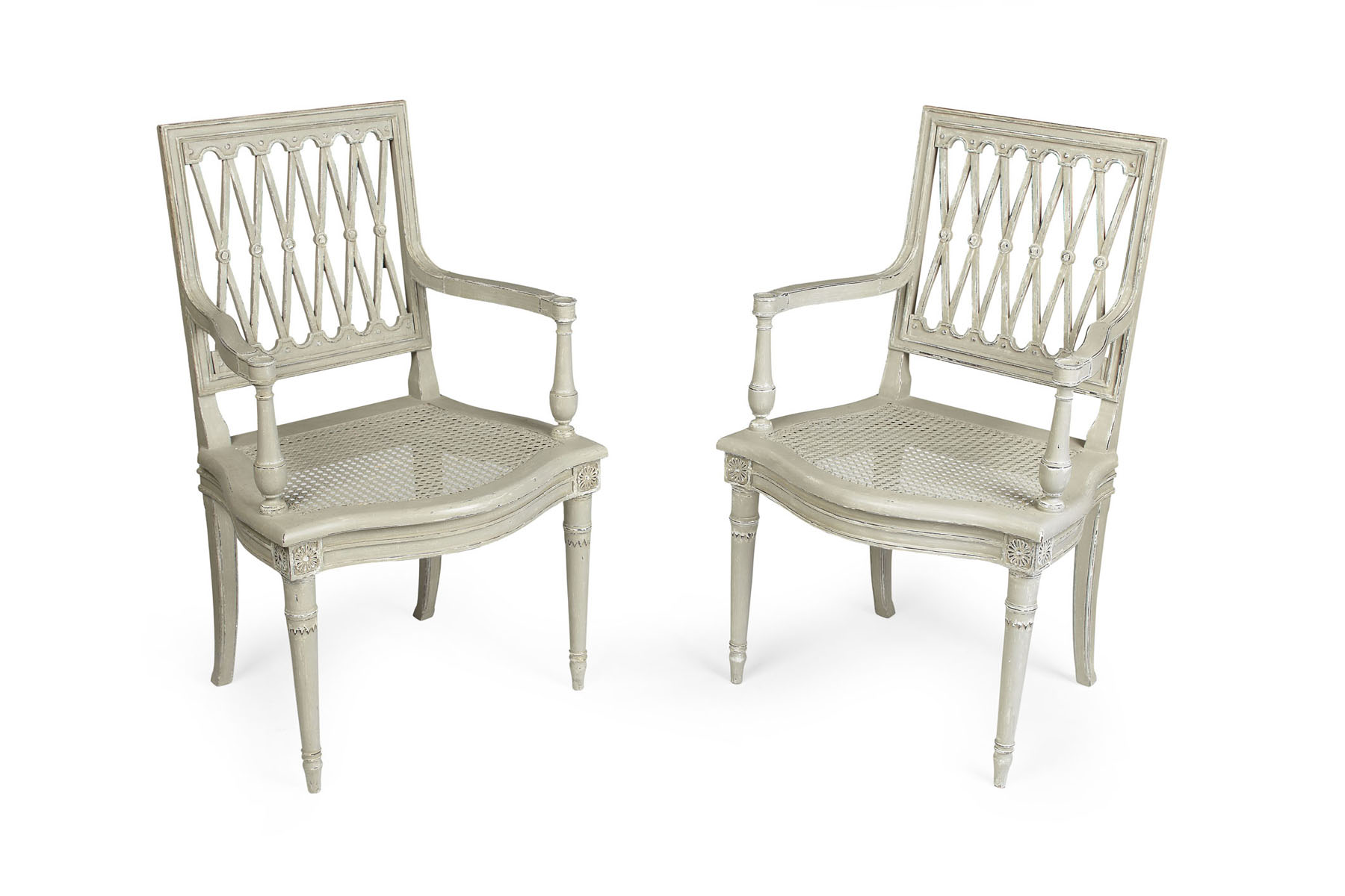 PAIR OF FRENCH GREY PAINTED ARMCHAIRS