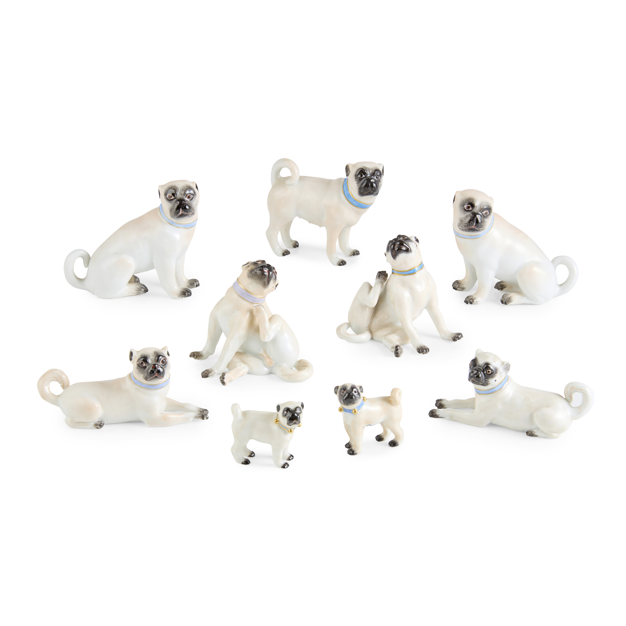 COLLECTION OF NINE MEISSEN PUG DOGS