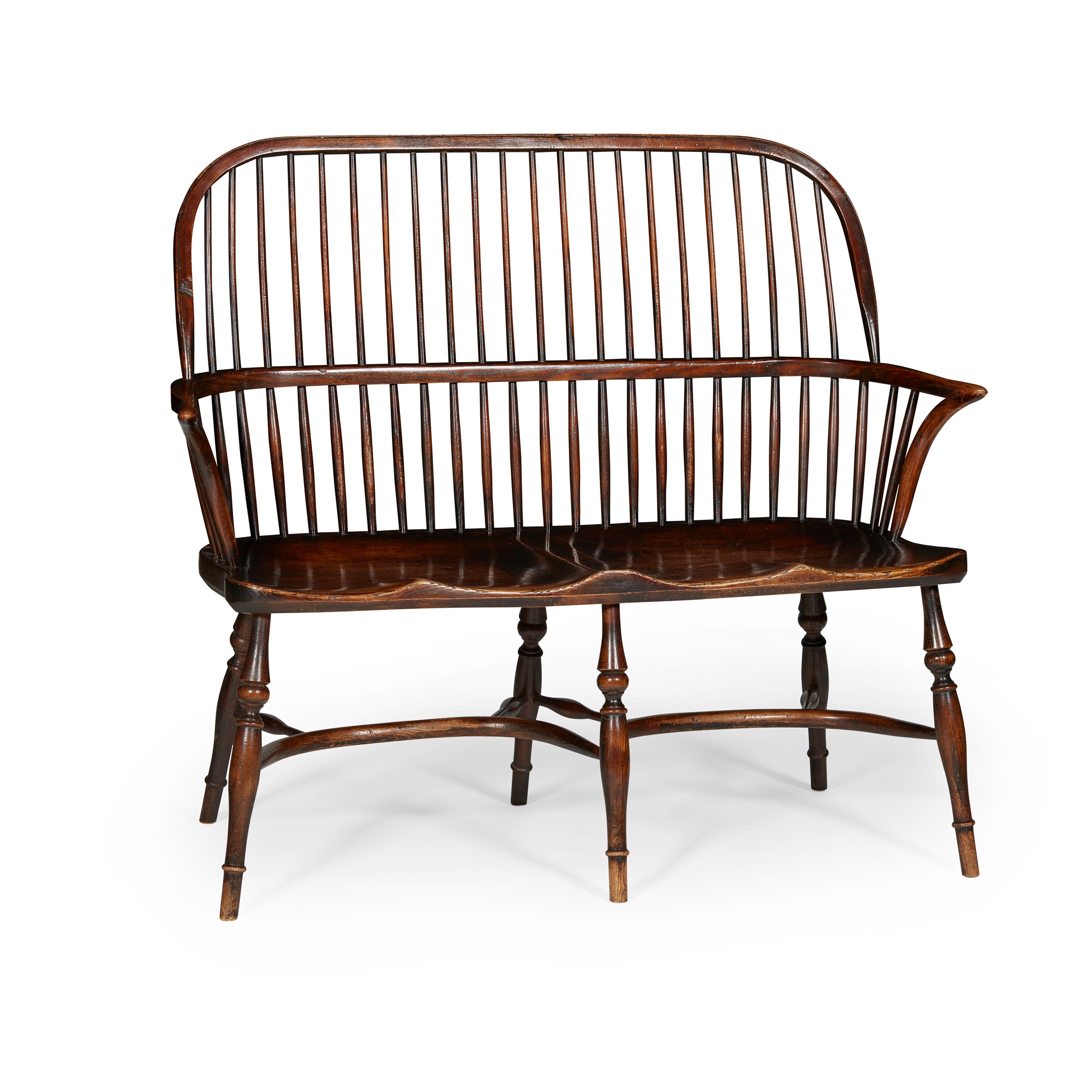 GEORGIAN STYLE ELM AND ASH TWO SEAT HOOP-BACK SETTLE