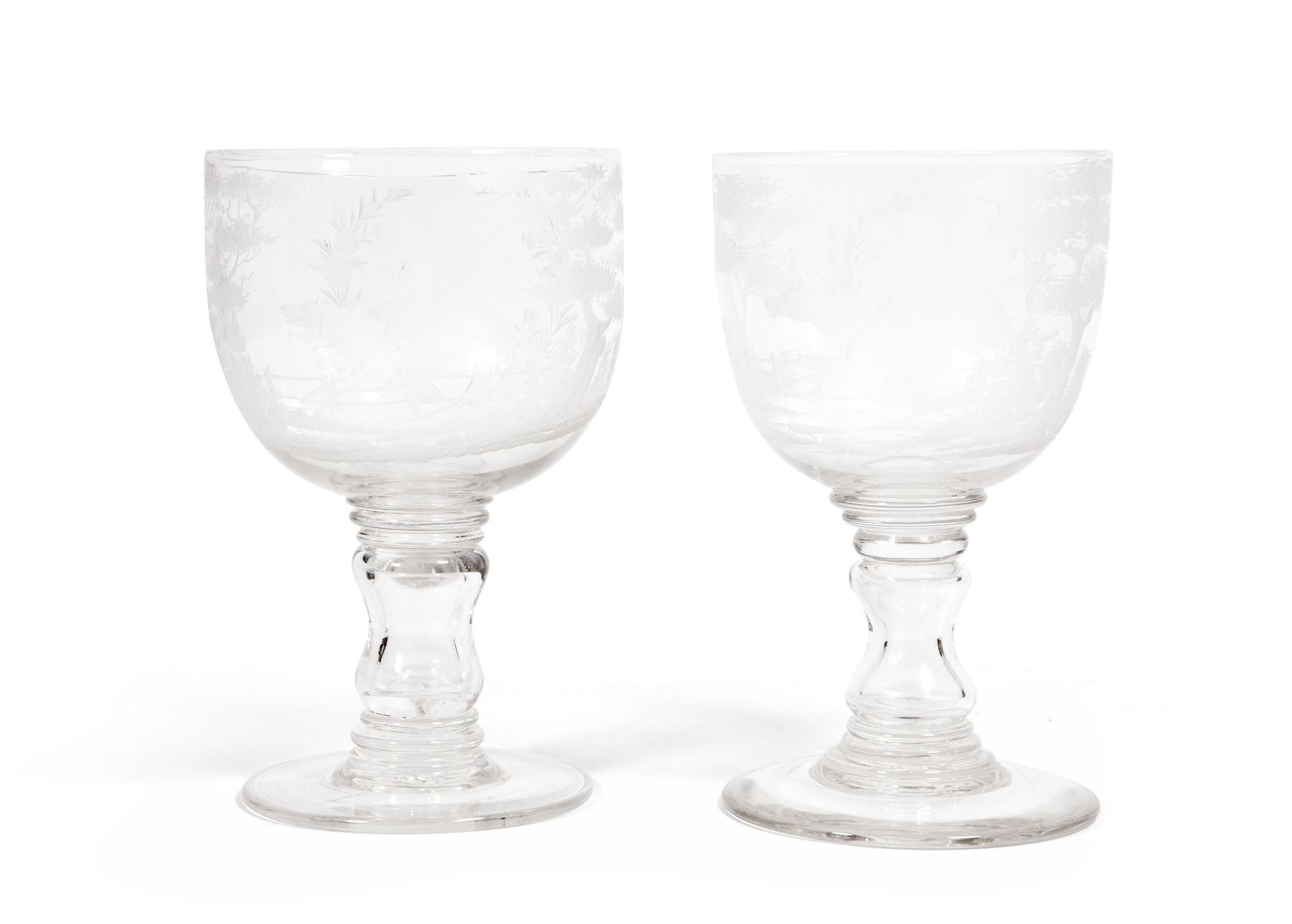 TWO LARGE ENGRAVED GLASS 'HUNT' GOBLETS