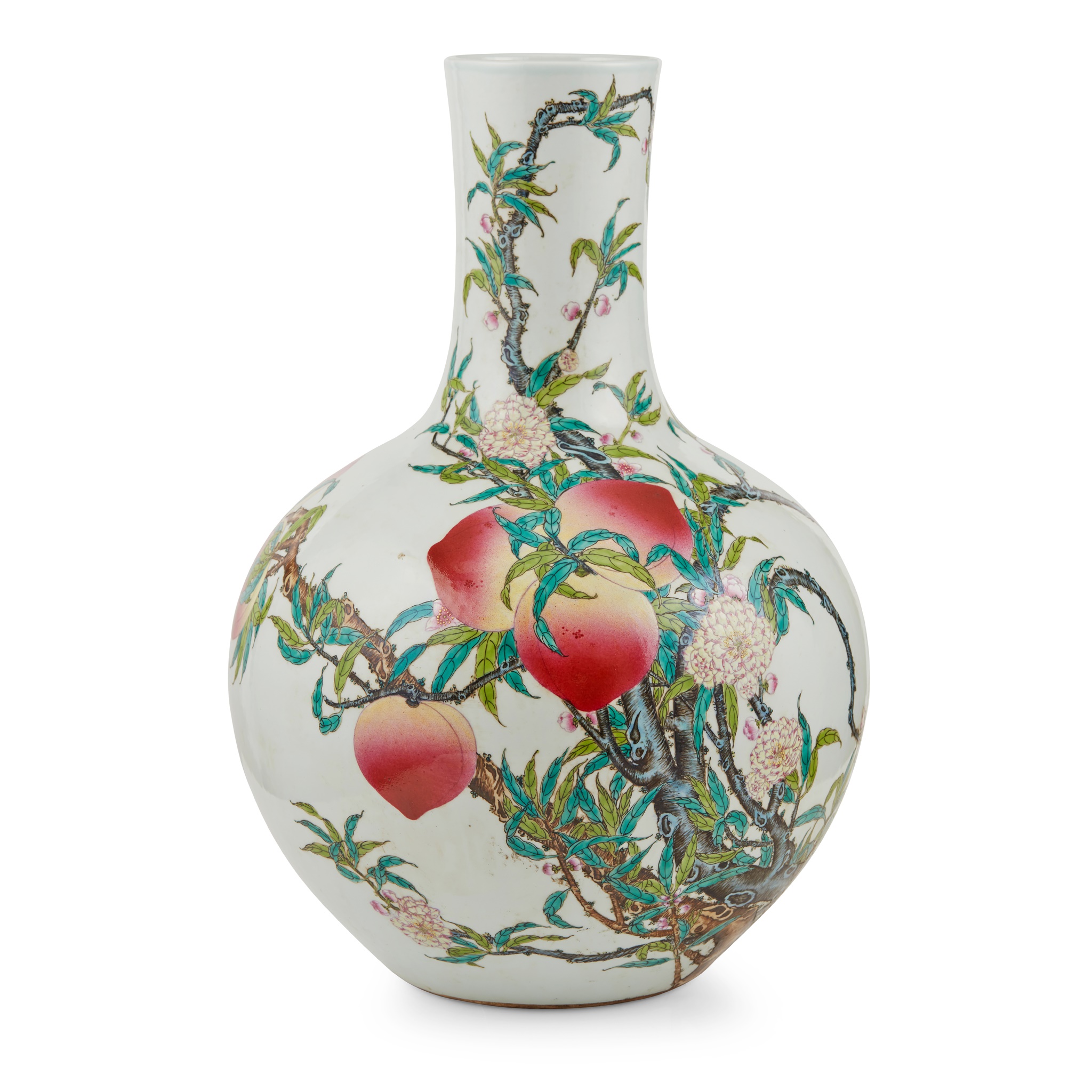 LARGE FAMILLE ROSE 'PEACH' BOTTLE VASE