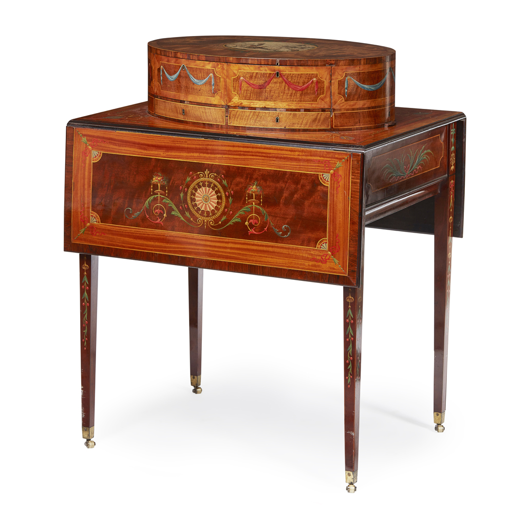 GEORGE III PAINTED SATINWOOD, ROSEWOOD, MAHOGANY HARLEQUIN PEMBROKE TABLE