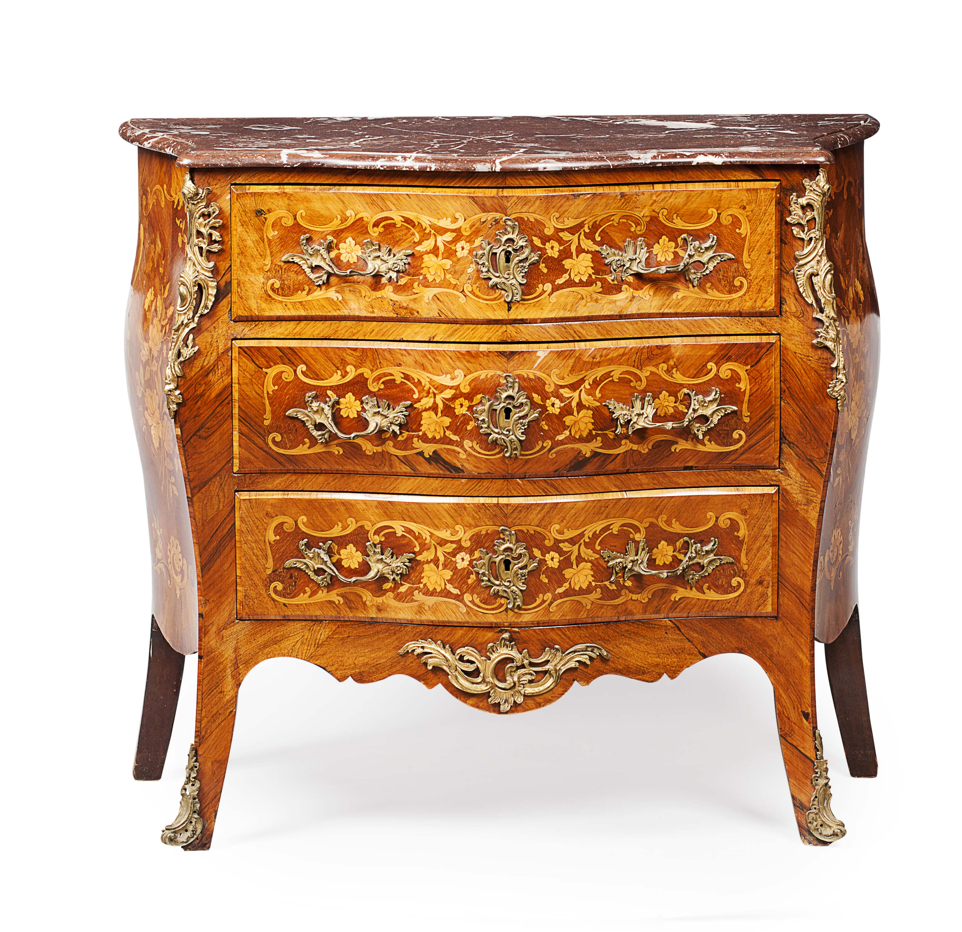 LOUIS XV STYLE SERPENTINE AND BOMBE KINGWOOD AND FRUITWOOD MARQUETRY MARBLE TOPPED COMMODE