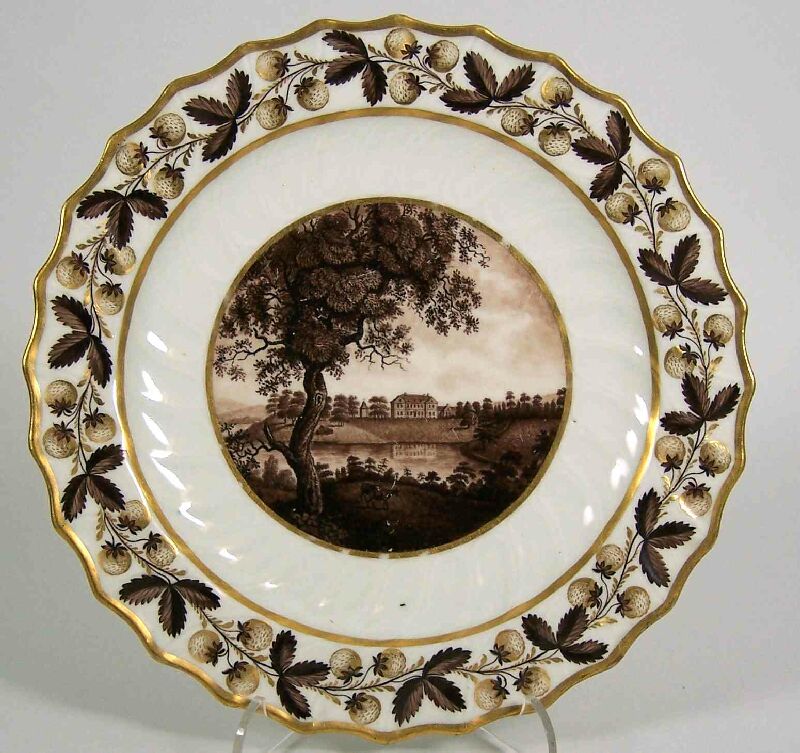 A Flight & Barr circular scalloped topographical fruit plate depicting Dudmaston, Shropshire, circa 1795