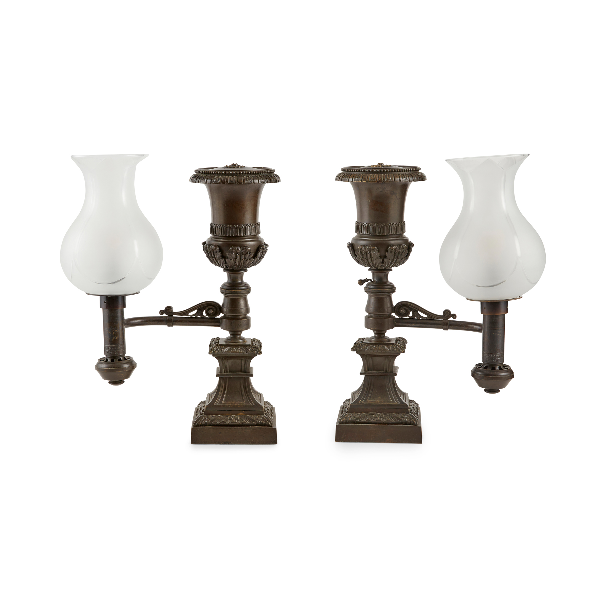 PAIR OF PATINATED BRONZE SINGLE ARM COLZA LAMPS