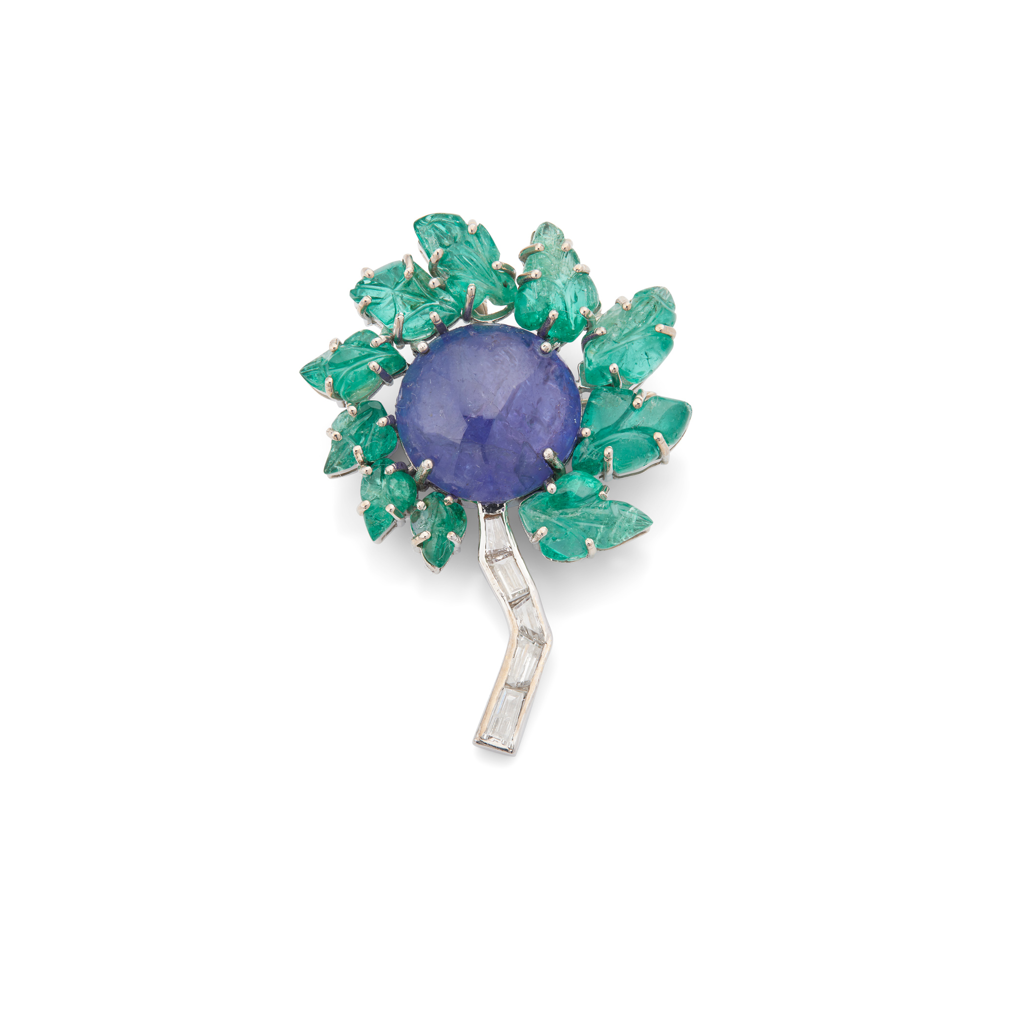 A tanzanite, emerald and diamond flowerhead pendent/brooch