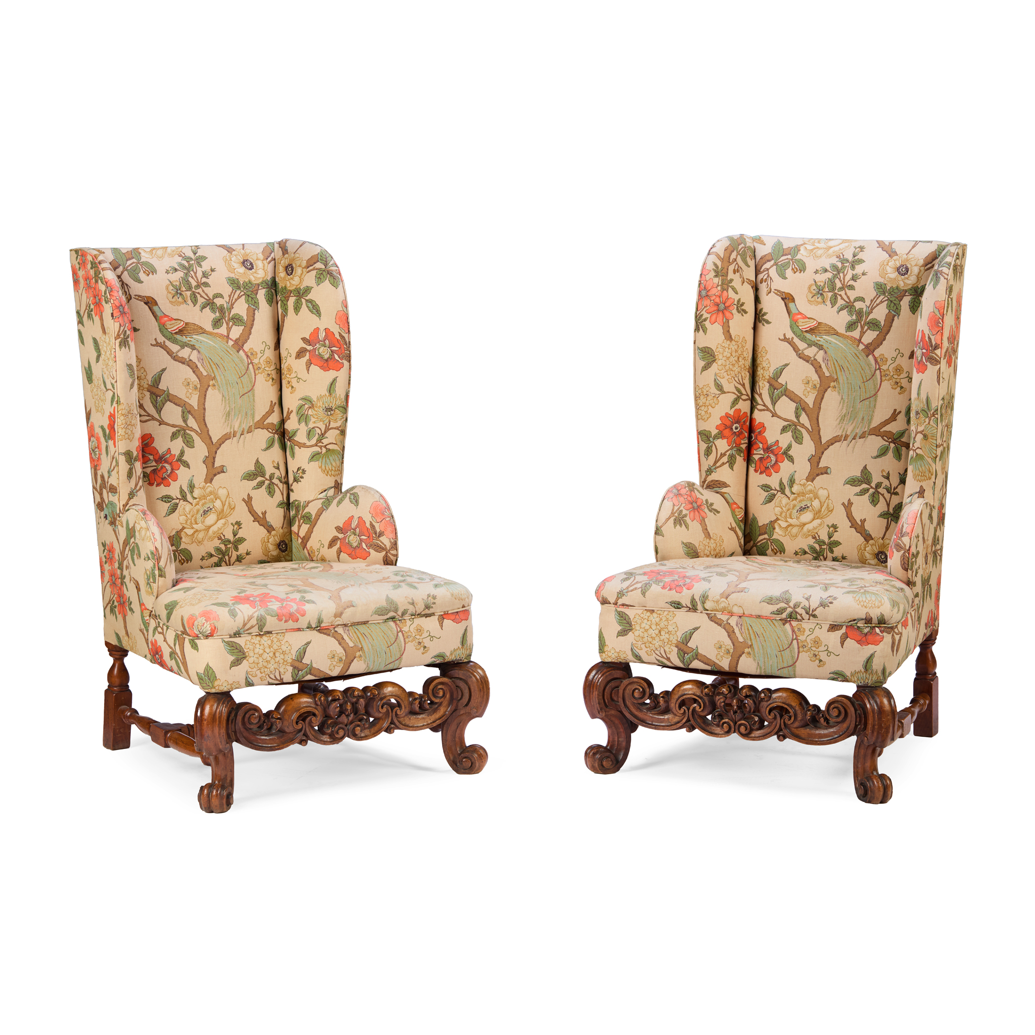 PAIR OF WALNUT CAROLEAN STYLE WING ARMCHAIRS