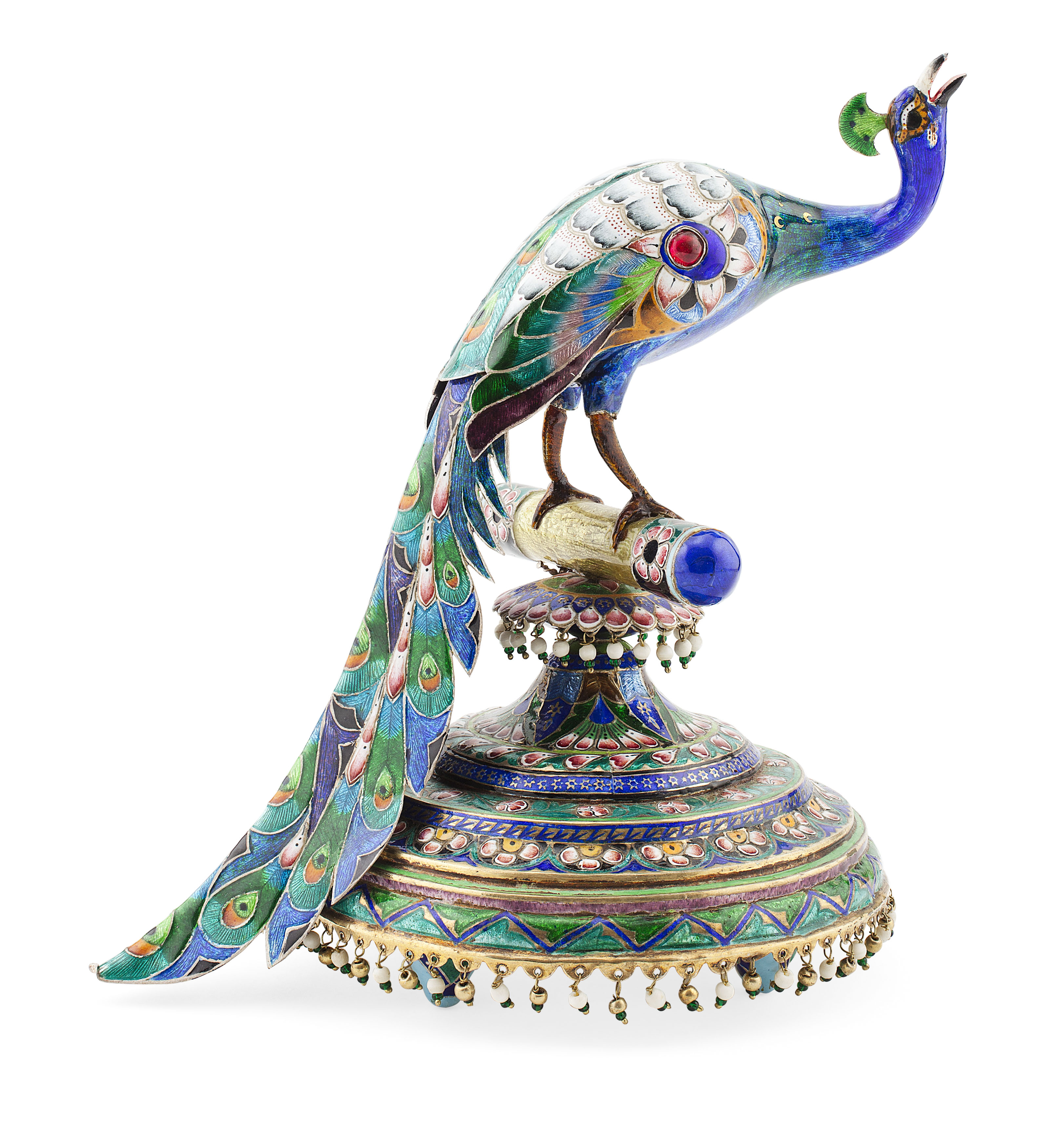INDIAN BENARES SILVER GILT AND ENAMEL MODEL OF A PEACOCK