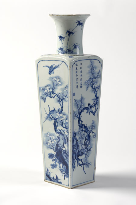 A Chinese blue painted square tapering vase, circa 1690 Kangxi mark and period