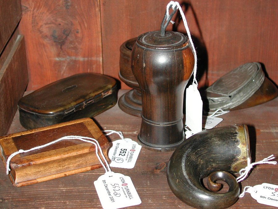 A tall cylindrical baluster fruitwood snuff box and lid
