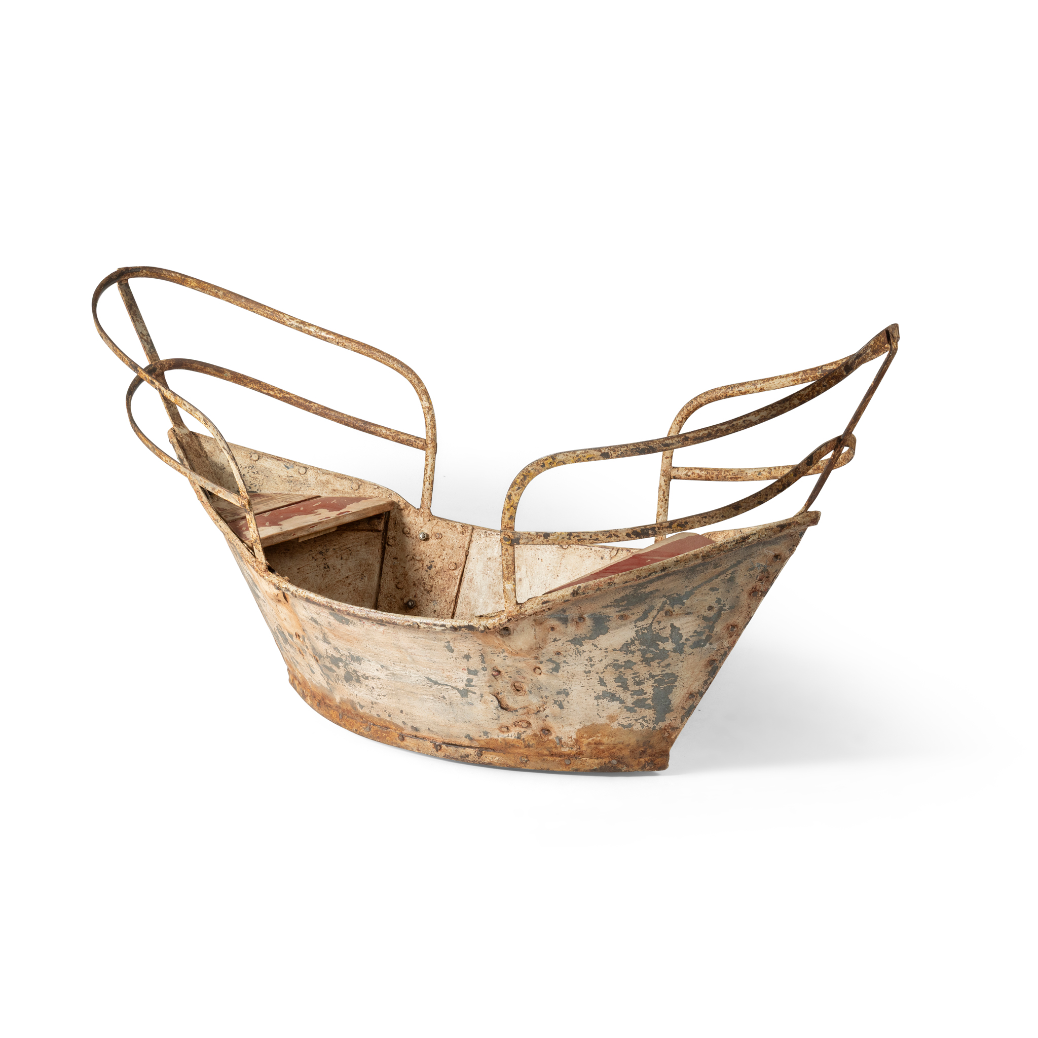 A STEEL AND WOOD FAIR GROUND RIDE CARRIAGE OF BOAT FORM