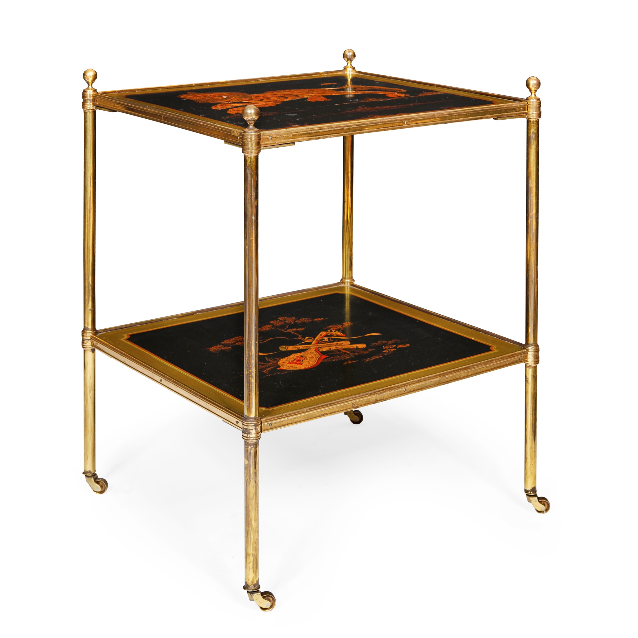 GILT BRASS FRAMED LACQUER ÉTAGÈRE