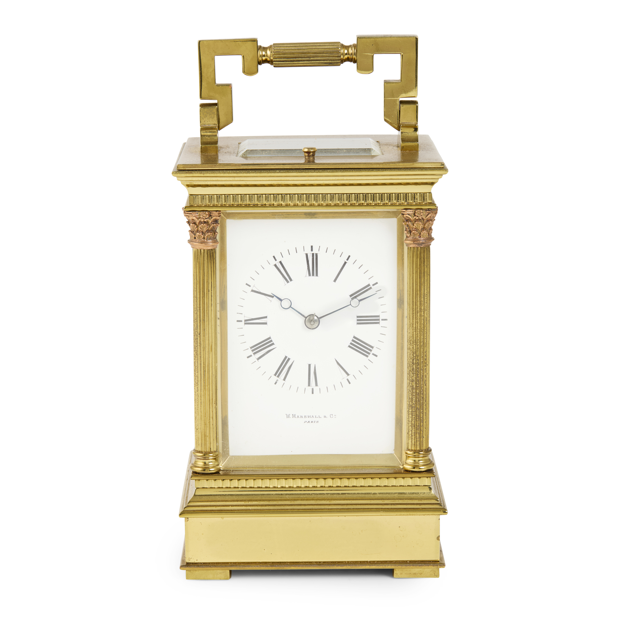 FRENCH LACQUERED BRASS REPEATING CARRIAGE CLOCK, BY W. MARSHALL & CO, PARIS
