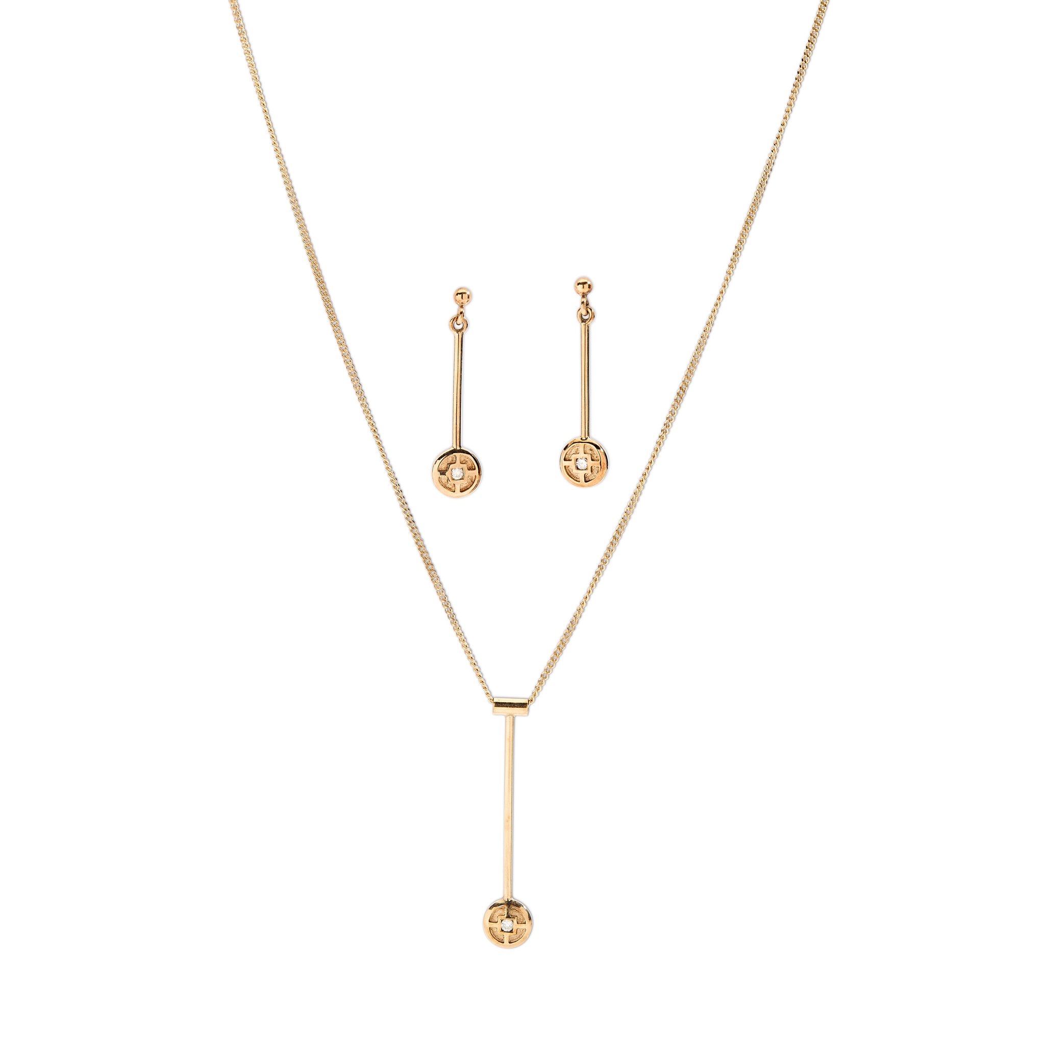 Sheila Fleet: A 9ct gold 'Mine Howe' diamond pendant and matching earrings