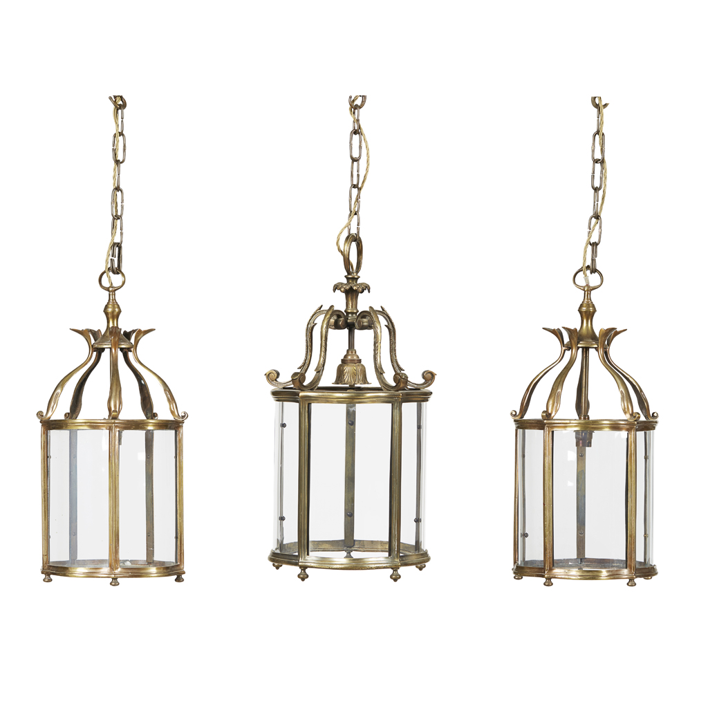 THREE LACQUERED BRASS HALL LANTERNS
