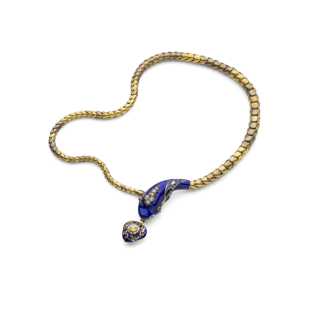 A Victorian enamel and diamond set snake necklace