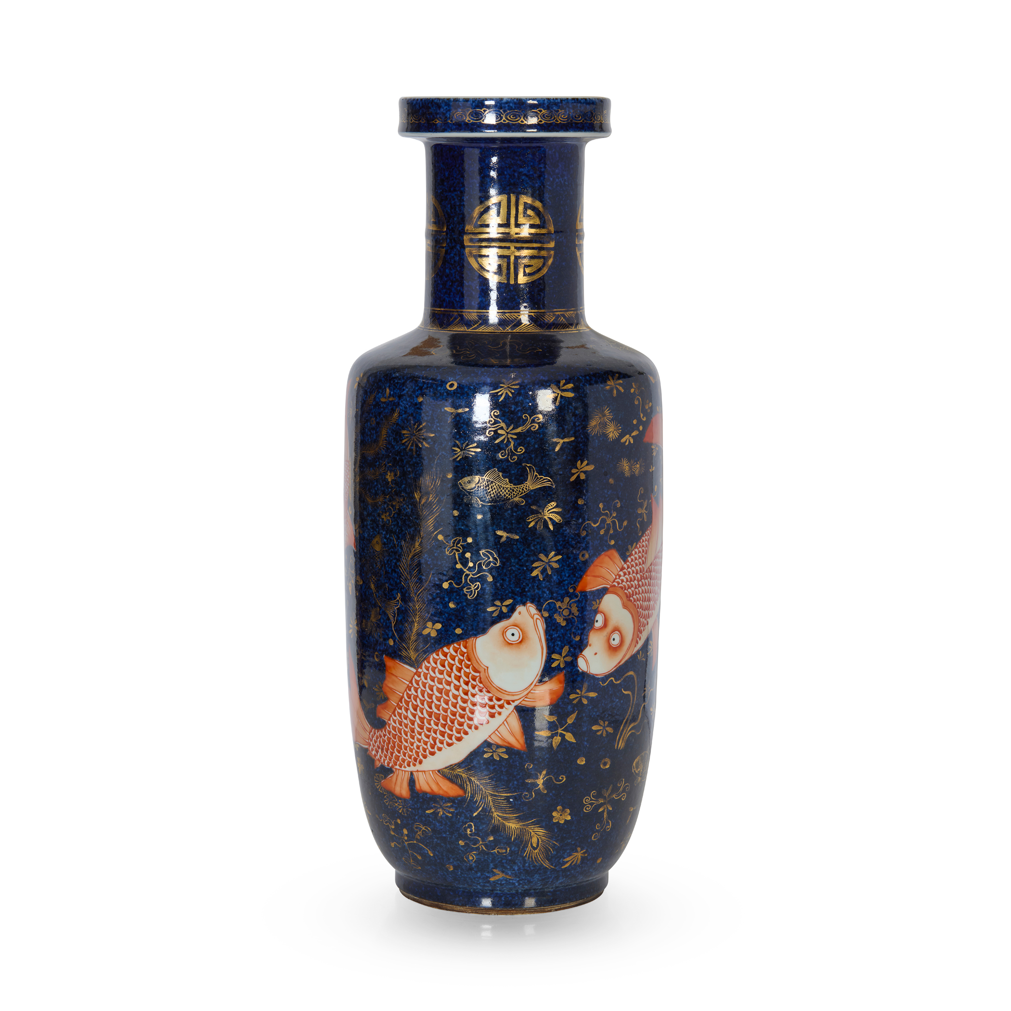 CHINESE POWDER-BLUE-GROUND IRON-RED AND GILT DECORATED ROULEAU VASE