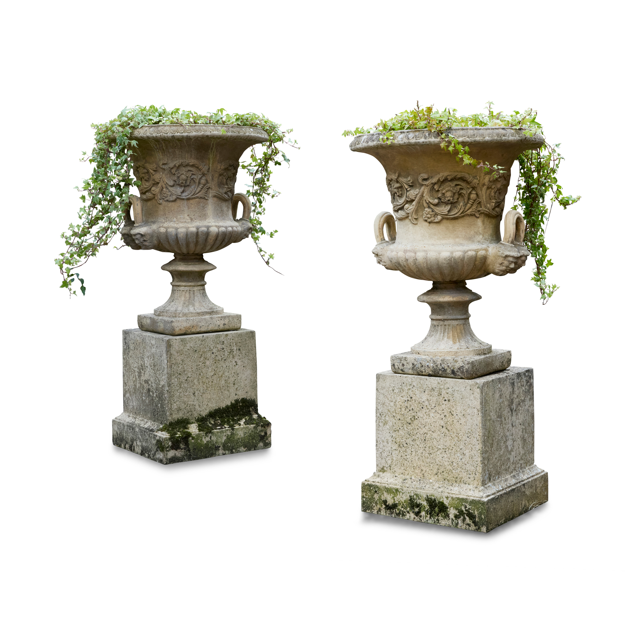 PAIR OF COMPOSITION STONE GARDEN URNS AND PEDESTALS
