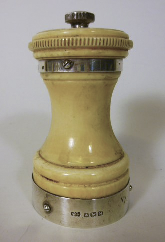 MATCHED PAIR OF IVORY AND SILVER MOUNTED PEPPER GRINDERS
