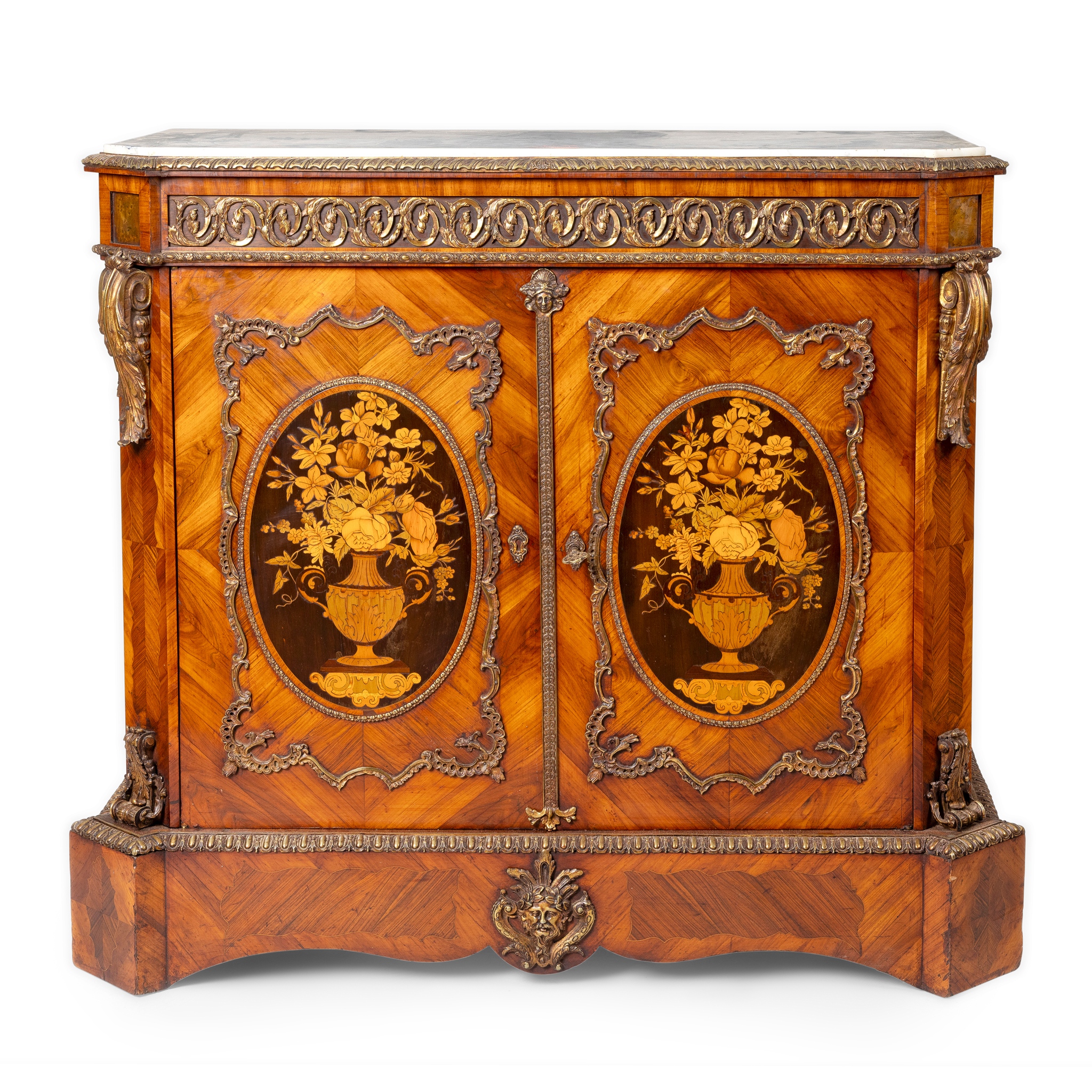 A FRENCH ROSEWOOD, KINGWOOD AND MARQUETRY INLAID SIDE CABINET