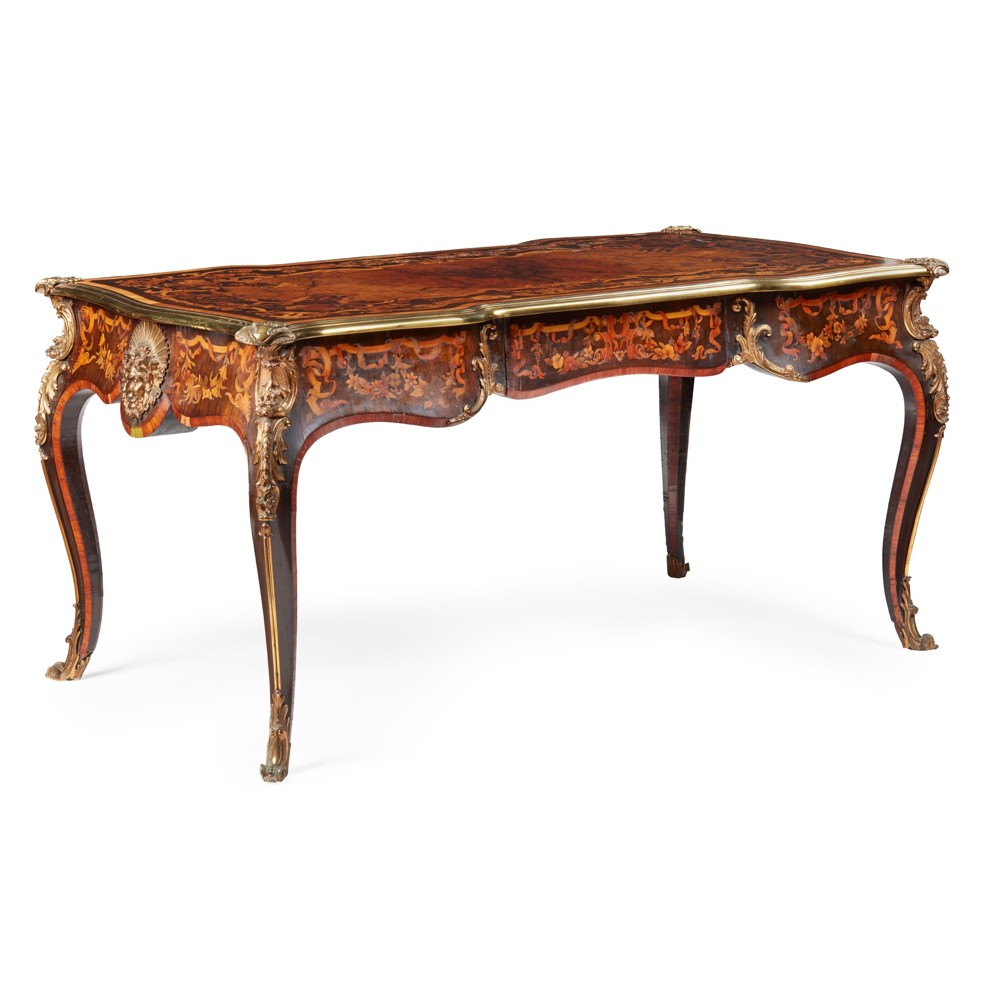 LOUIS XV STYLE ROSEWOOD, TULIPWOOD AND FLORAL MARQUETRY BUREAU PLAT, IN THE MANNER OF EDWARD HOLMES BALDOCK