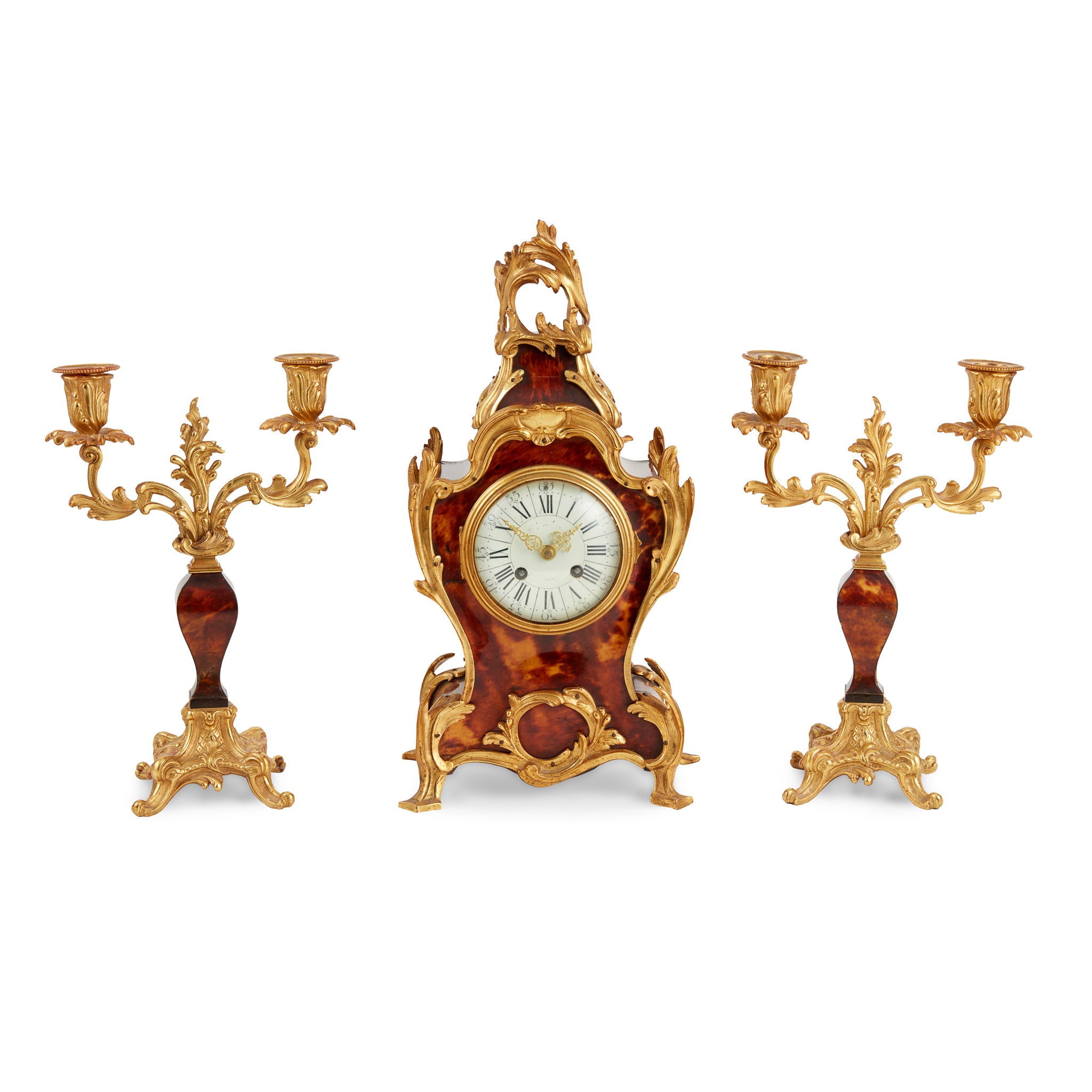 FRENCH TORTOISESHELL AND GILT BRONZE MANTEL CLOCK GARNITURE, PLANCHON, PARIS
