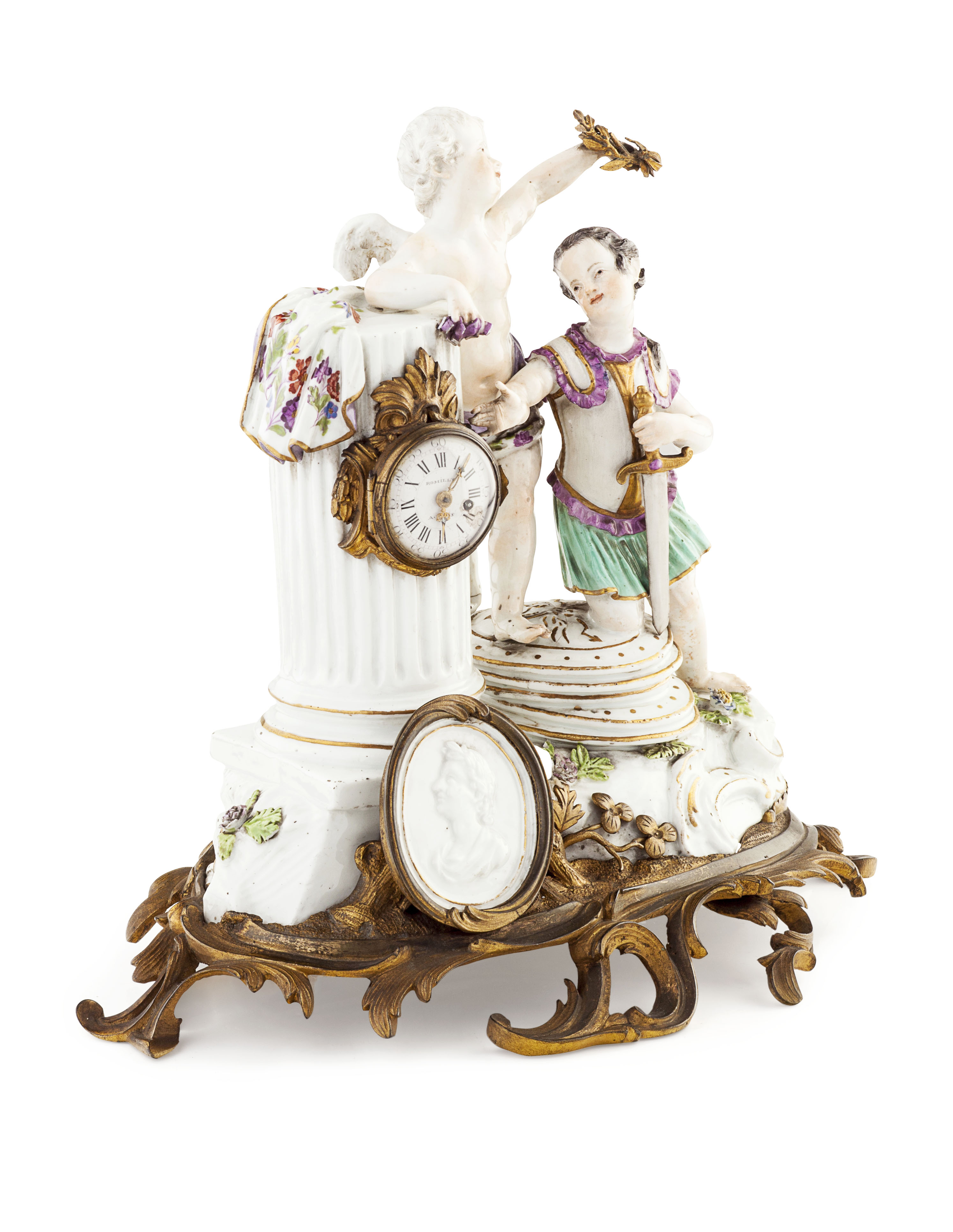 MEISSEN FIGURAL AND GILT BRONZE MOUNTED MANTEL CLOCK