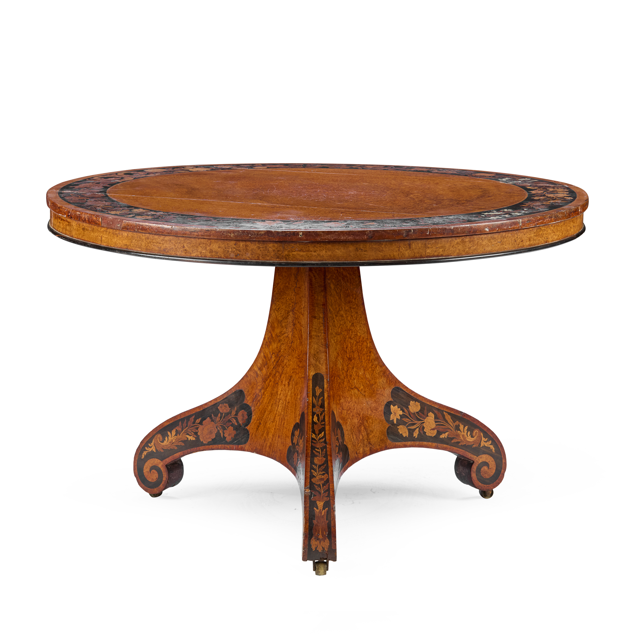 EARLY VICTORIAN AMBOYNA, WALNUT, IVORY AND EBONY MARQUETRY CENTRE TABLE BY EDWARD HOLMES BALDOCK