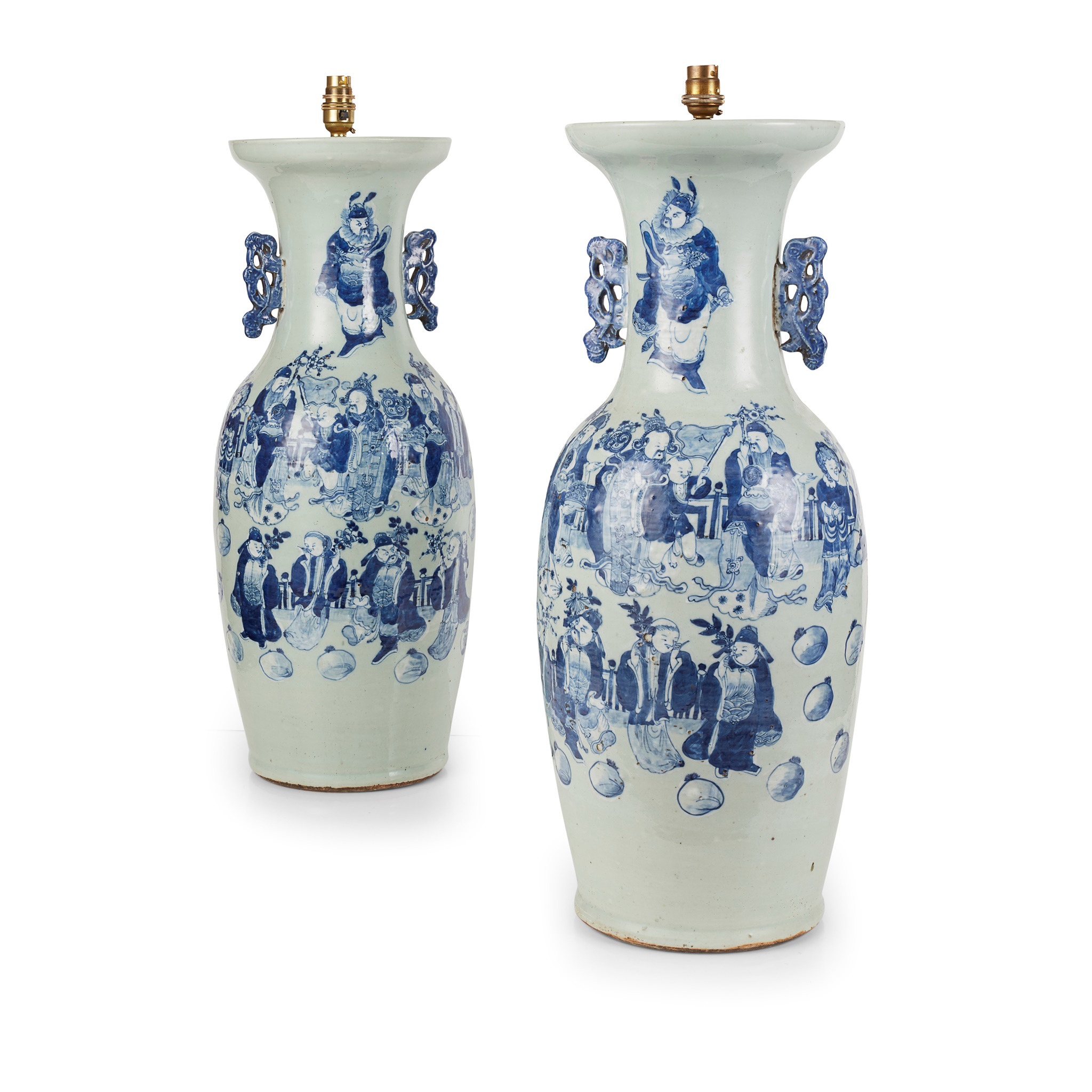 PAIR OF CELADON-GLAZED BLUE AND WHITE VASES