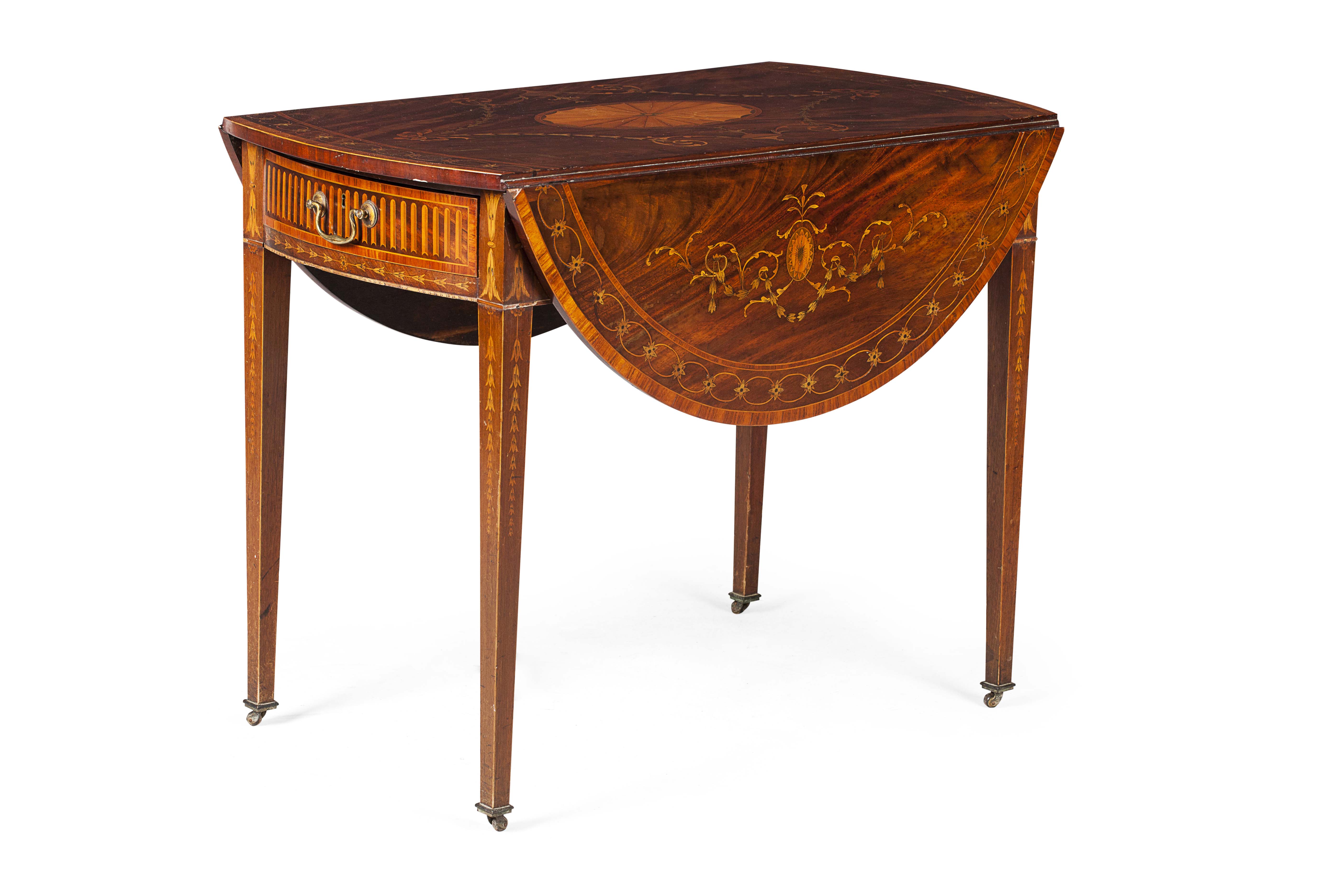 FINE GEORGE III MAHOGANY, FRUITWOOD AND INLAID PEMBROKE TABLE