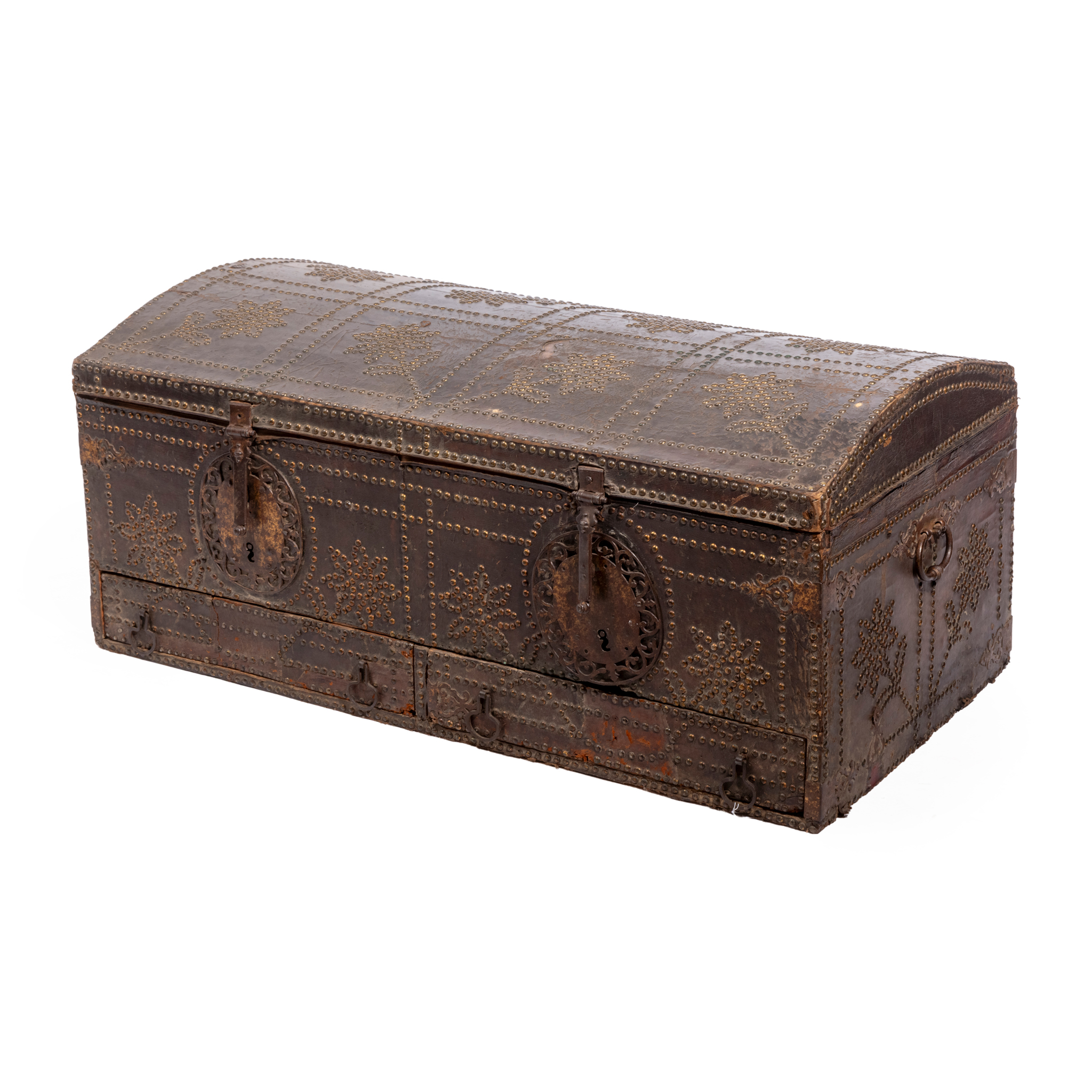 A FRENCH STUDDED LEATHER COVERED TRAVELLING CHEST