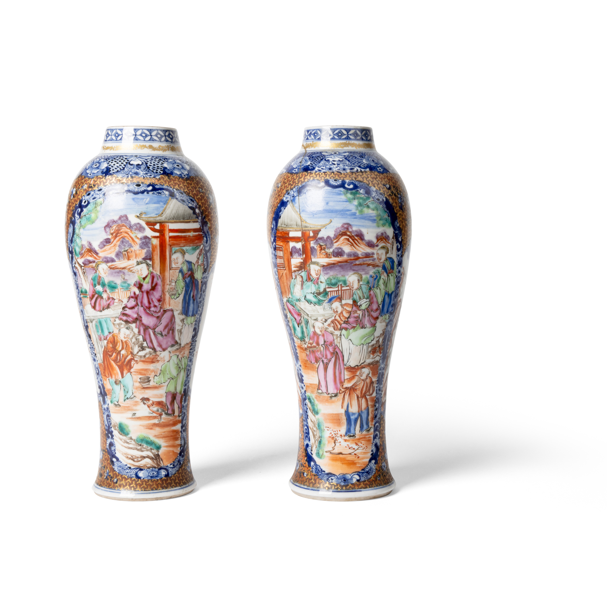 PAIR OF CHINESE FAMILLE ROSE WITH UNDERGLAZE BLUE BALUSTER VASES