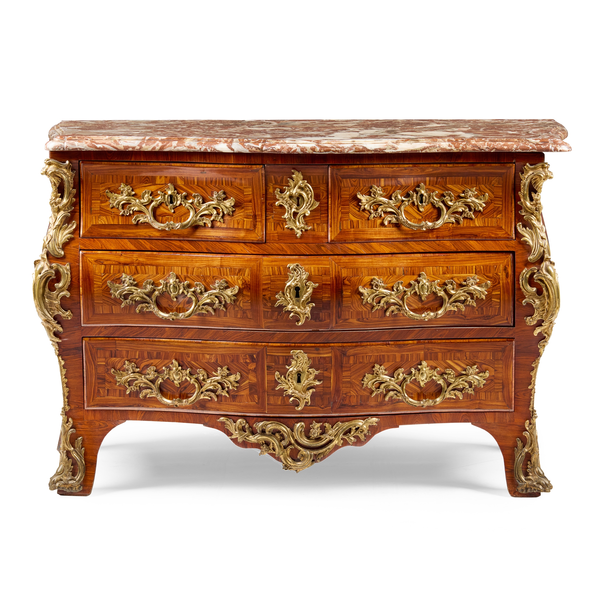 LOUIS XV KINGWOOD AND GILT BRONZE MOUNTED MARBLE TOPPED COMMODE