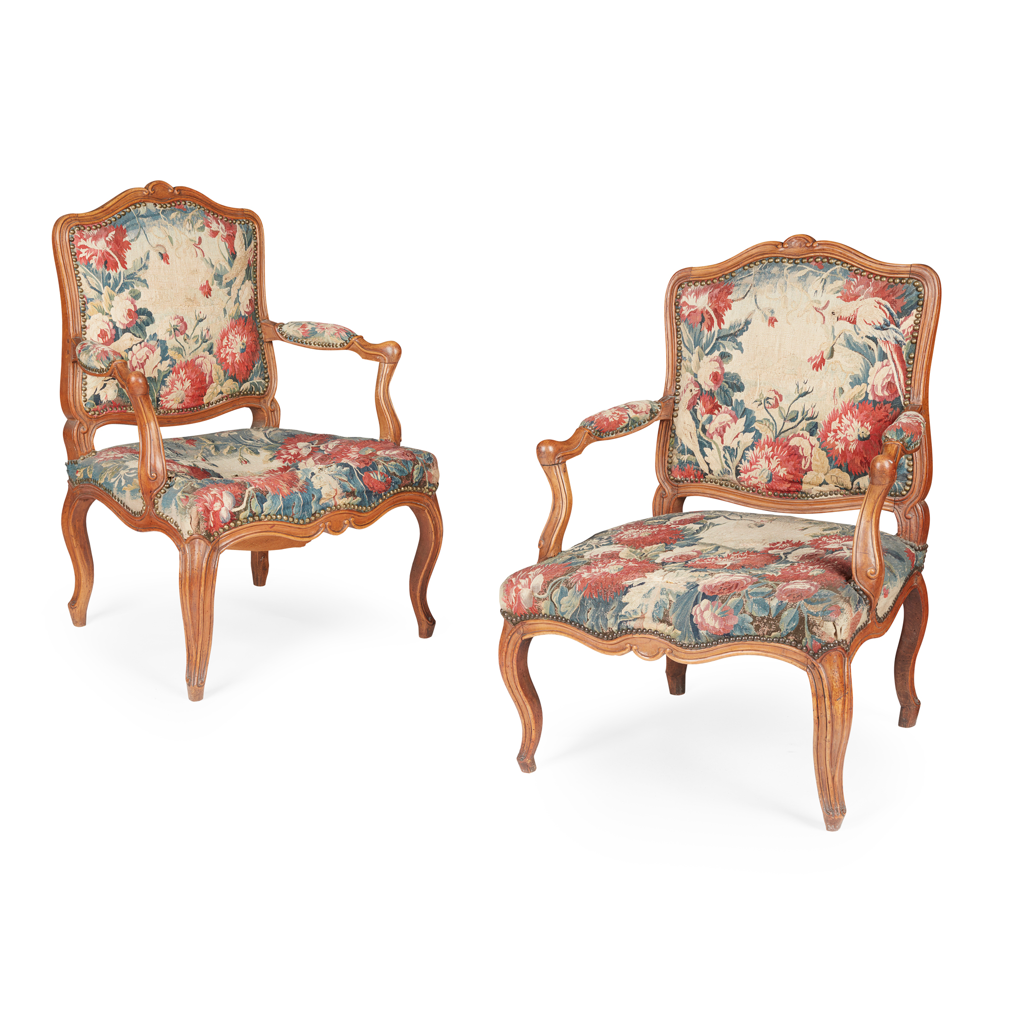 A PAIR OF LOUIS XV BEECH AND AUBUSSON UPHOLSTERED ARMCHAIRS