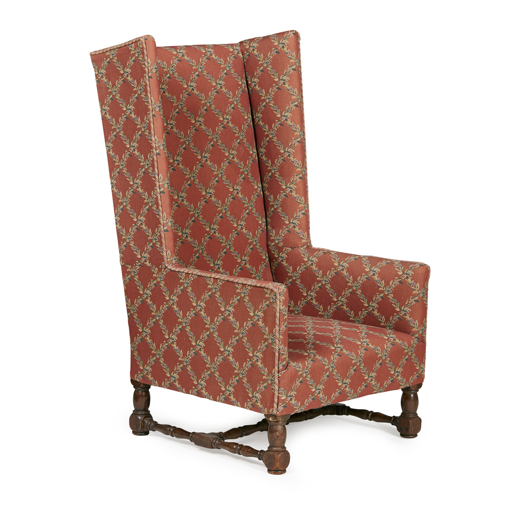 WILLIAM AND MARY STYLE OAK FRAME WING ARMCHAIR